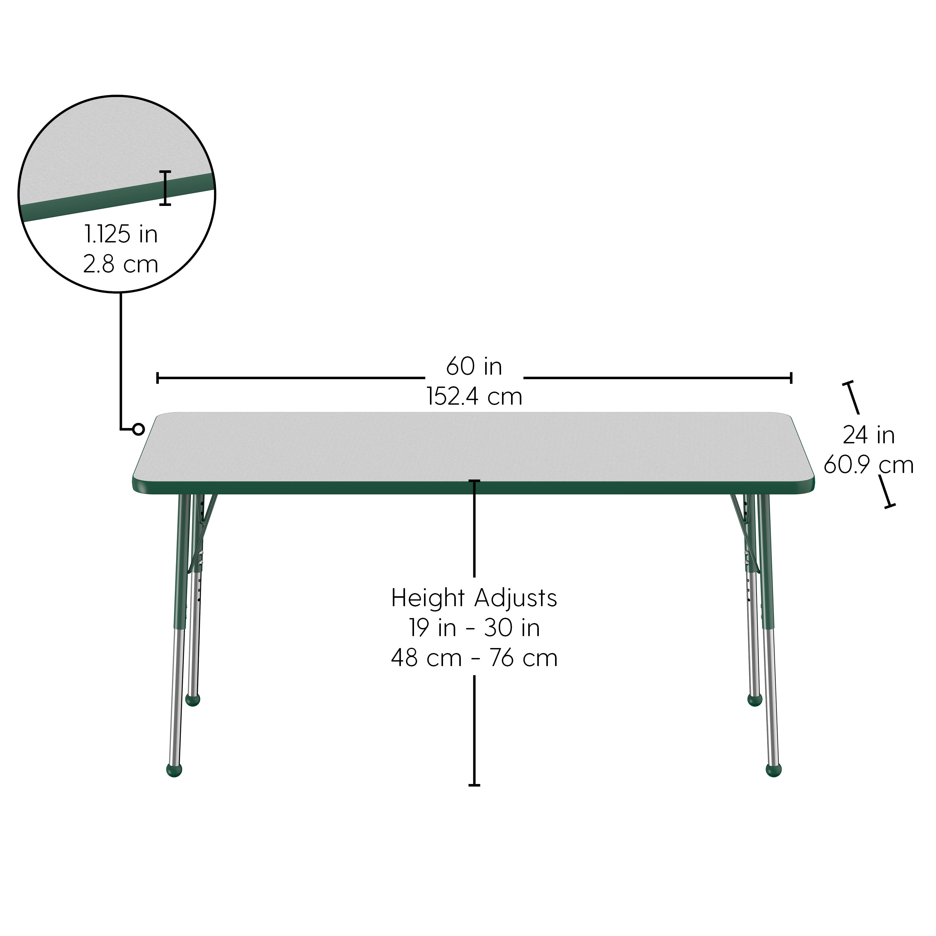 24" x 60" Rectangle T-Molding Activity Table with Adjustable Standard Ball Glide Legs - Gray/Green