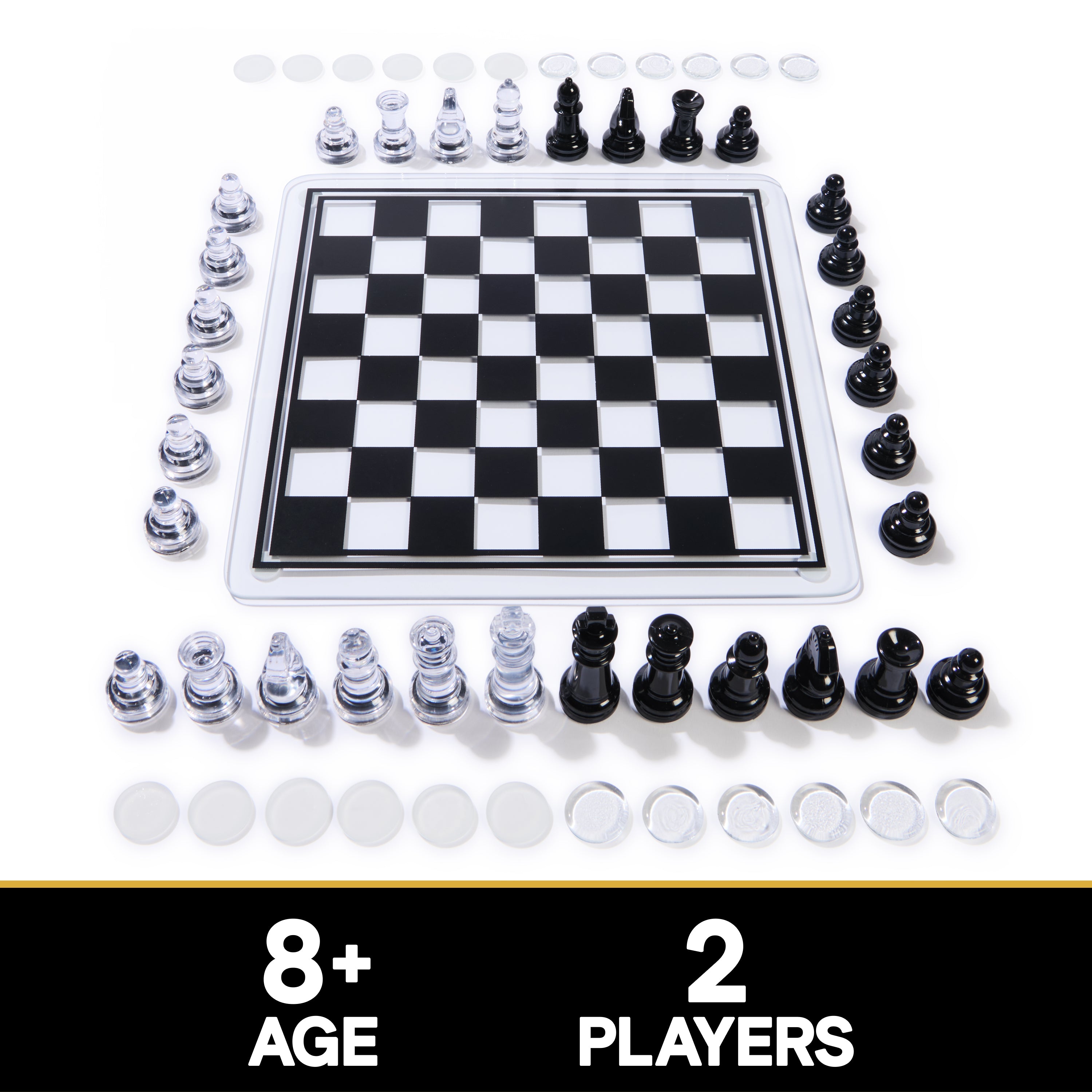 Spin Master Games, Cardinal Classics, Black and Clear Chess & Checkers Set with Glass Gameboard, for Adults and Kids Ages 8 and up