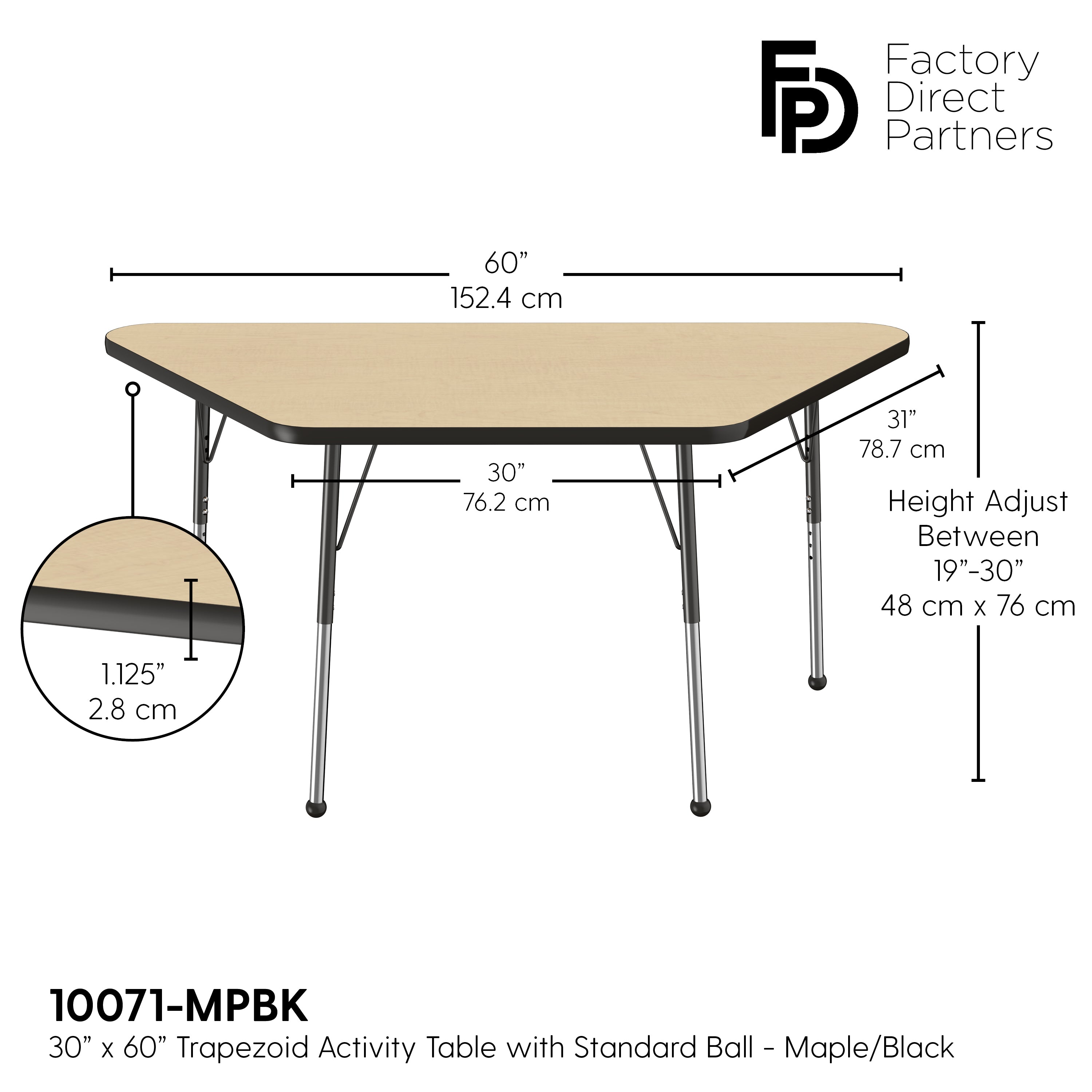 30" x 60" Trapezoid T-Molding Activity Table with Adjustable Standard Ball Glide Legs - Maple/Black