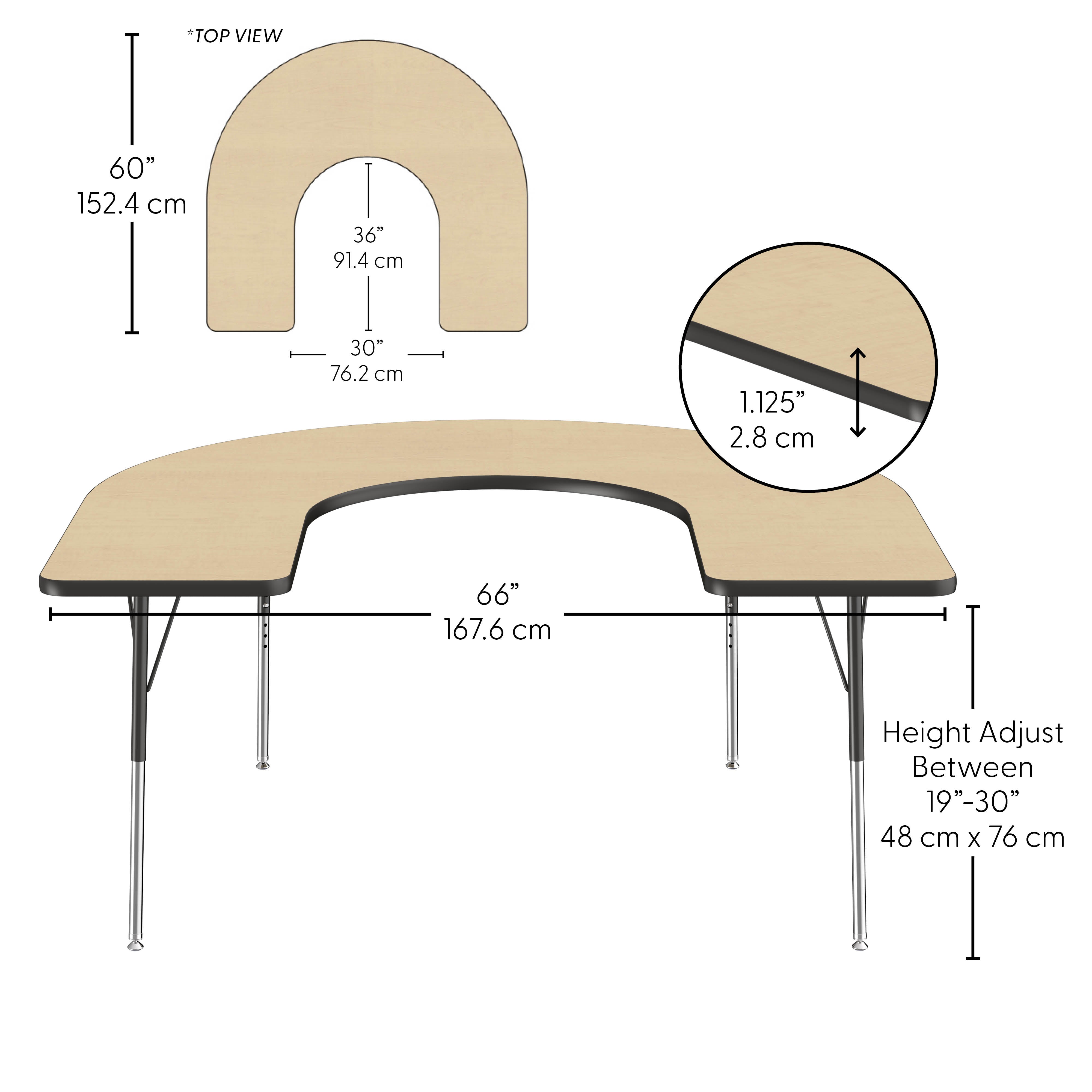 60" x 66" Horseshoe Thermofused Activity Table with Adjustable Standard Swivel Glide Legs - Maple/Black
