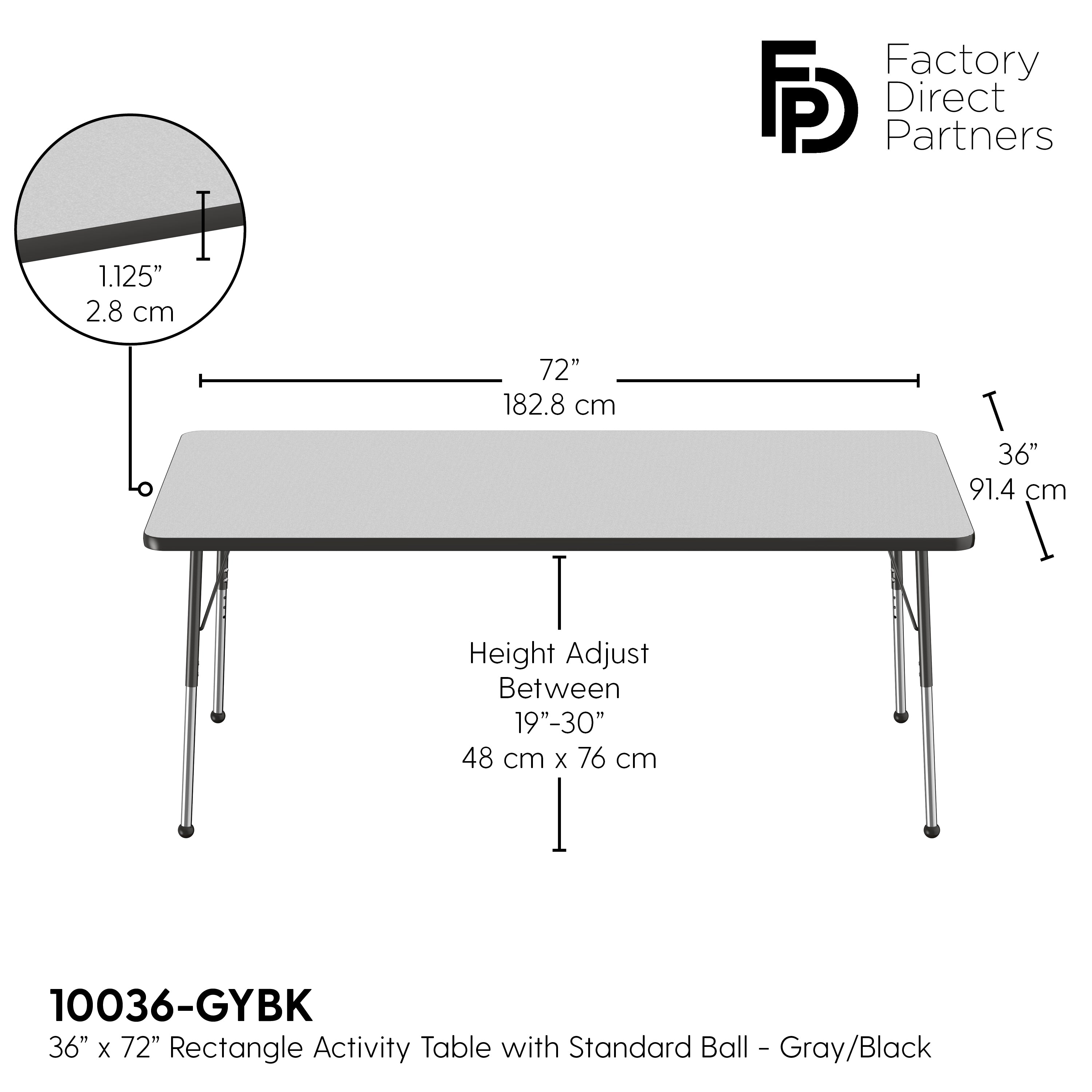 36" x 72" Rectangle T-Molding Activity Table with Adjustable Standard Ball Glide Legs - Gray/Black