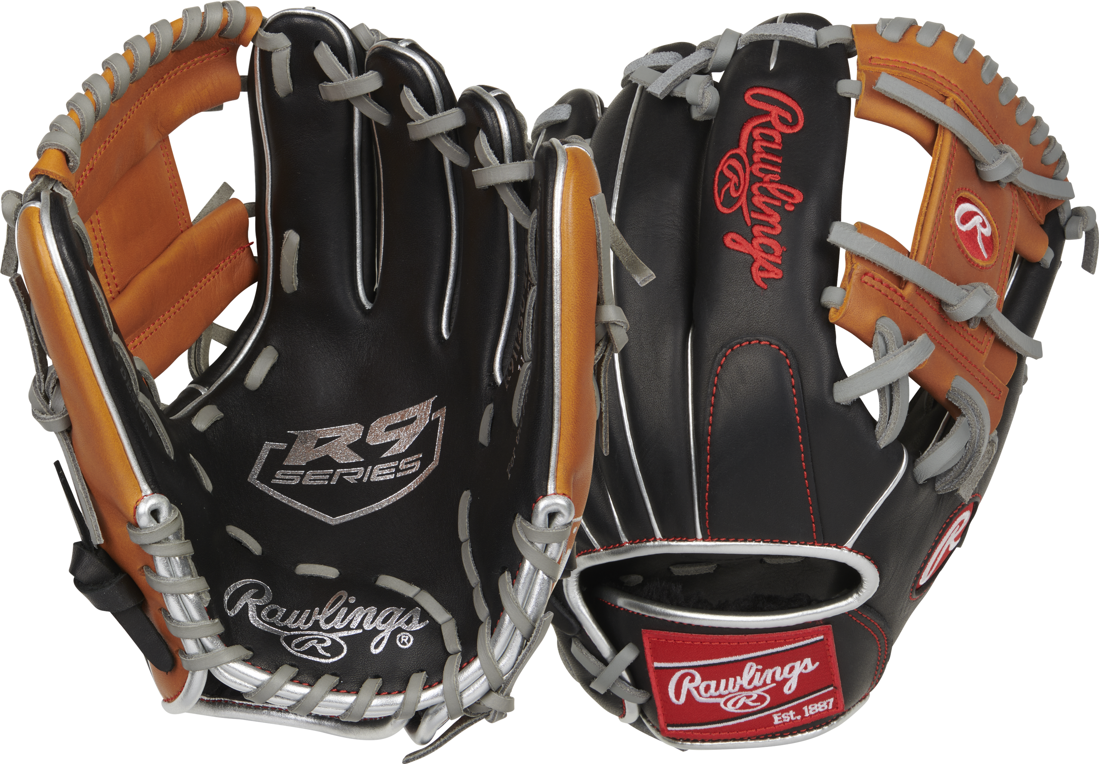 Rawlings R9 Baseball Contour Series 11.25-Inch Baseball Glove  - Right Hand Thrower - Black/Tan