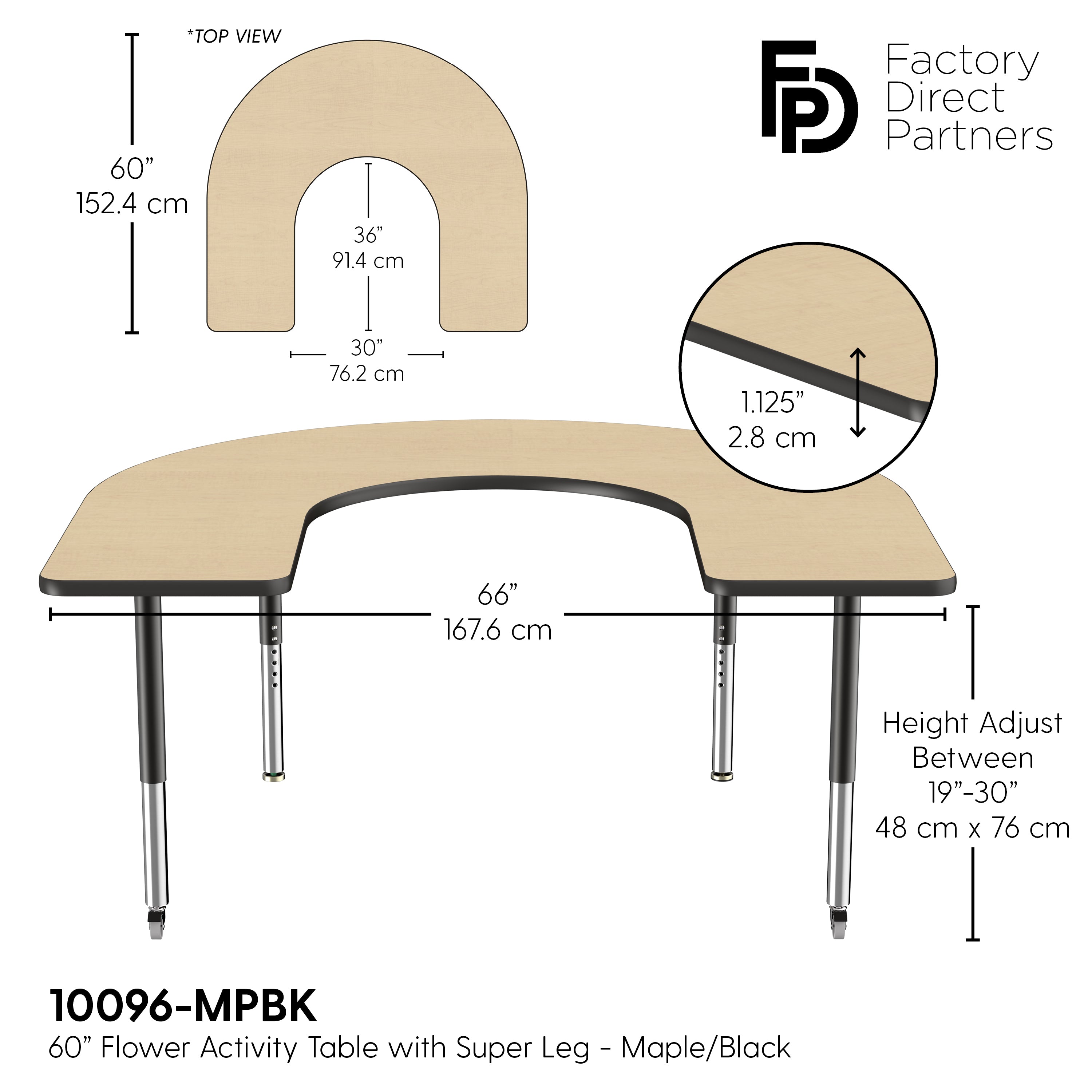 60" x 66" Horseshoe T-Molding Activity Table with Adjustable Super Legs - Maple/Black
