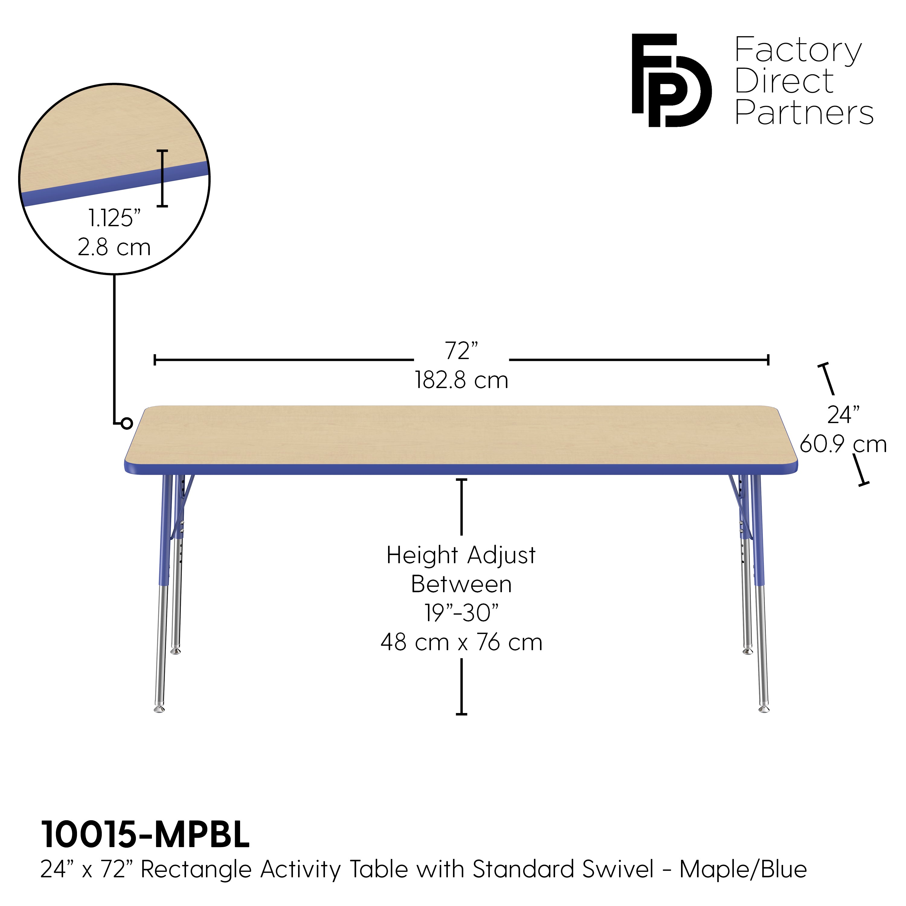 24" x 72" Rectangle T-Molding Activity Table with Adjustable Standard Swivel Glide Legs - Maple/Blue