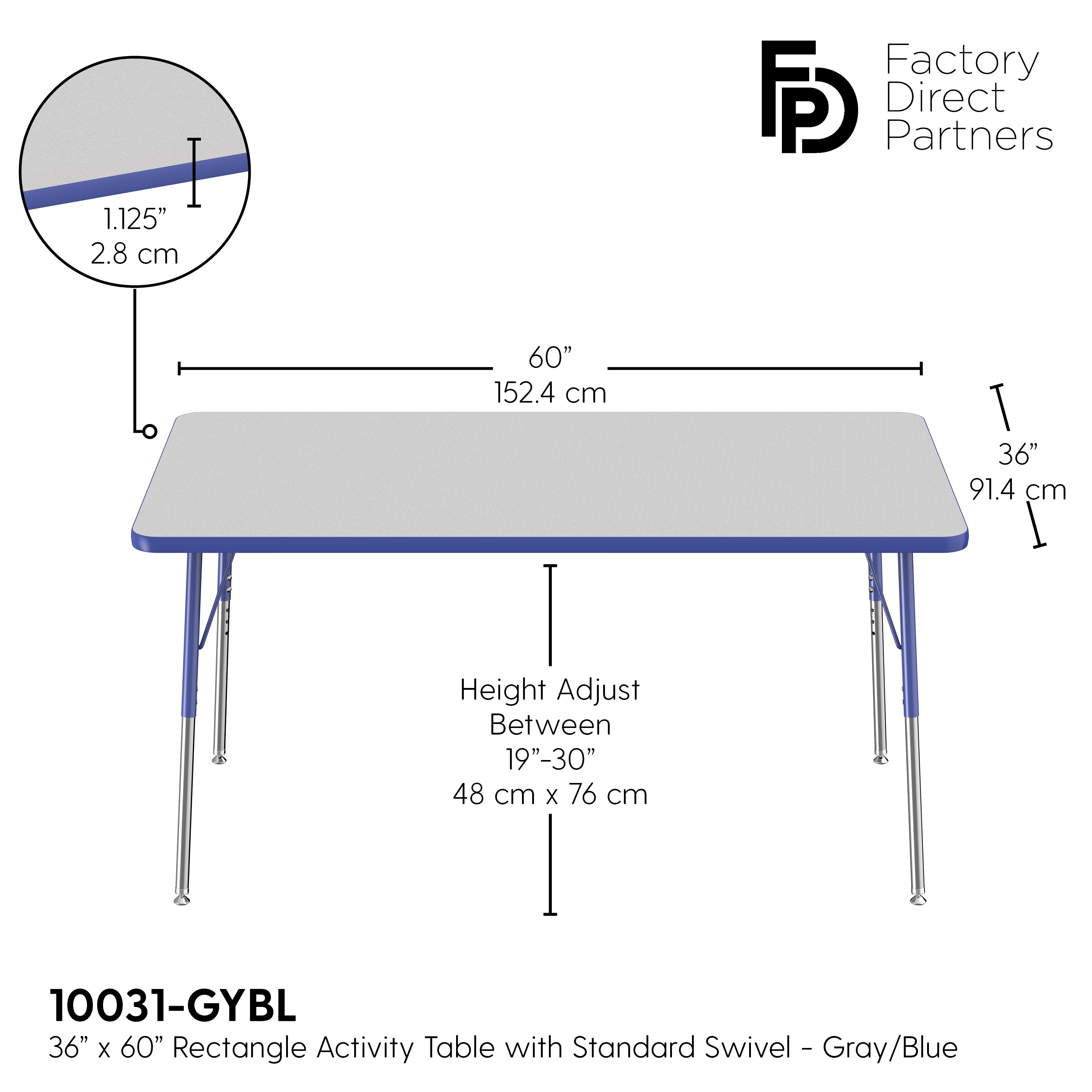 36" x 60" Rectangle T-Molding Activity Table with Adjustable Standard Swivel Glide Legs - Gray/Blue