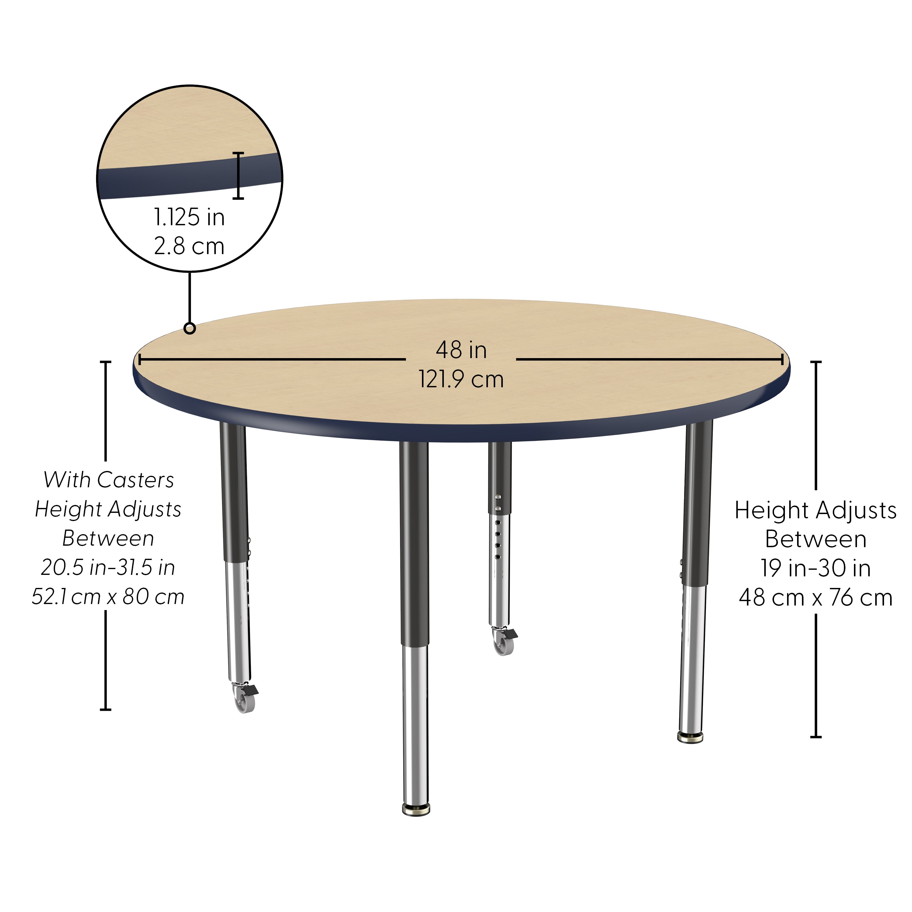 48" Round T-Molding Activity Table with Adjustable Super Legs - Maple/Navy/Black