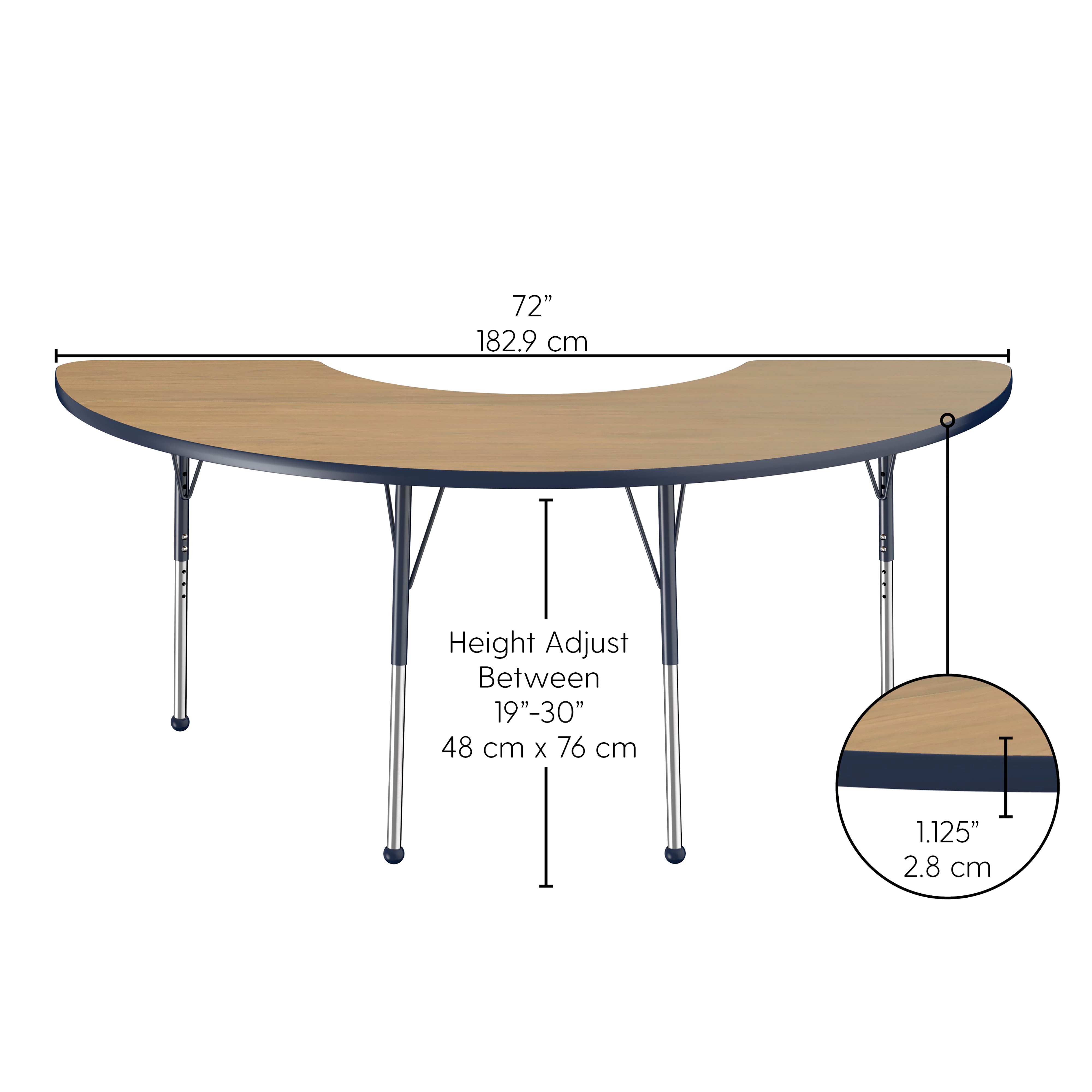 36" x 72" Half Moon T-Molding Activity Table with Adjustable Standard Ball Glide Legs - Pasadena Oak/Navy