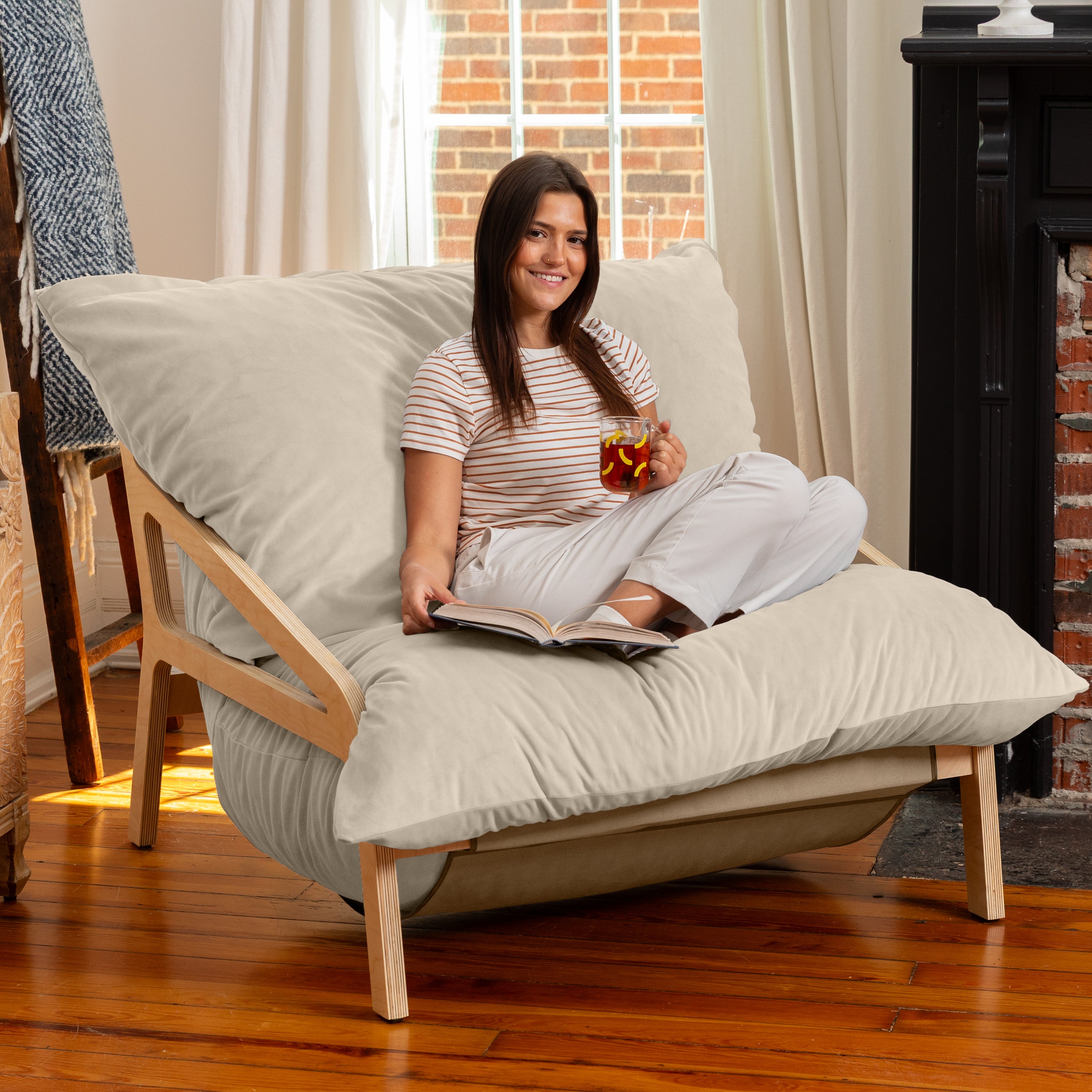Pillow Saxx Dream Lounger with Wood Frame - 3-in-1 Bean Bag Accent Chair, Recliner & Sleeper, Lush Velvet Ivory