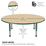 60" Round T-Molding Activity Table with Adjustable Chunky Legs - Maple/Green