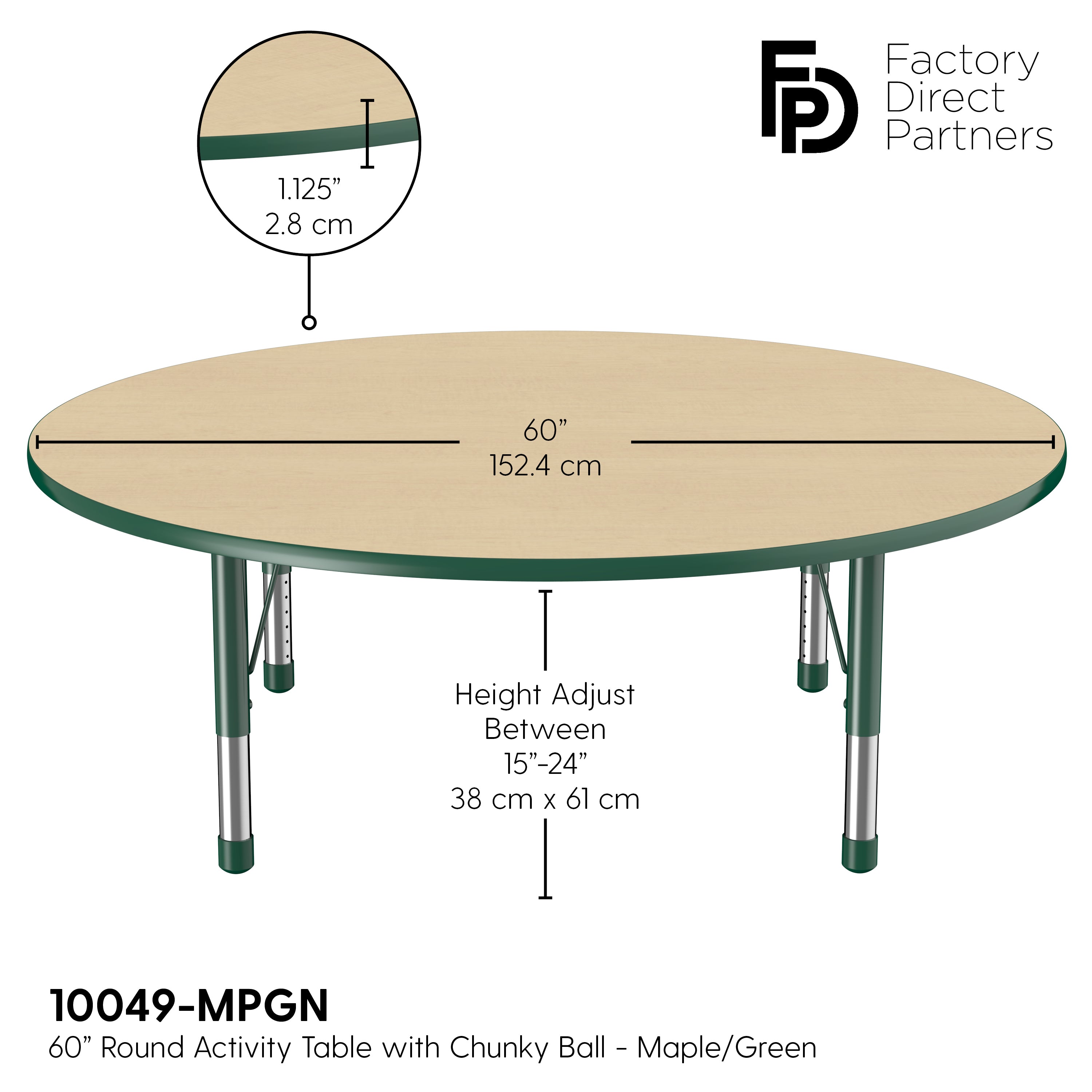 60" Round T-Molding Activity Table with Adjustable Chunky Legs - Maple/Green