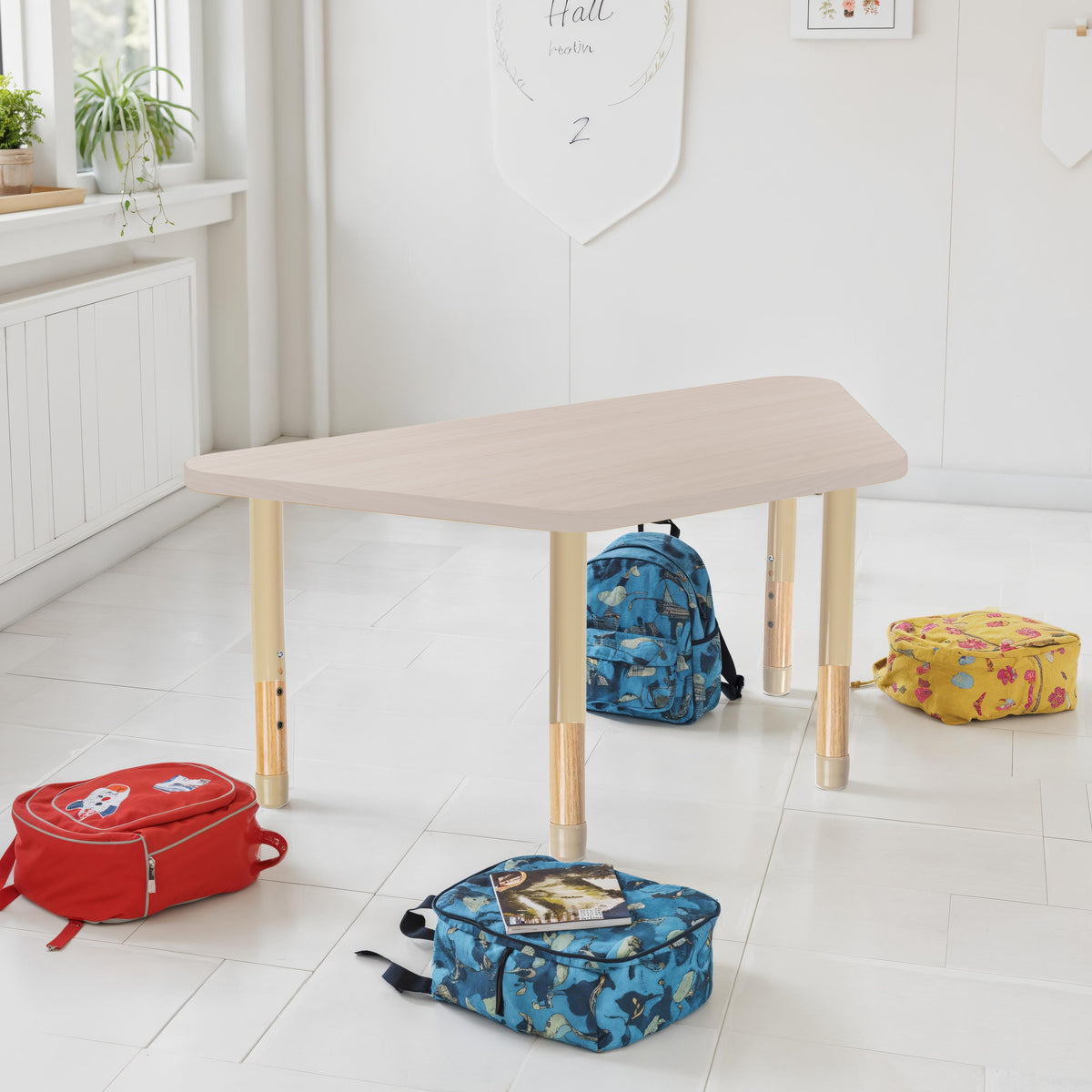 30" x 60" Trapezoid Thermofused Activity Table with Adjustable Chunky Wood Legs - Asian Sand/Sand/Natural