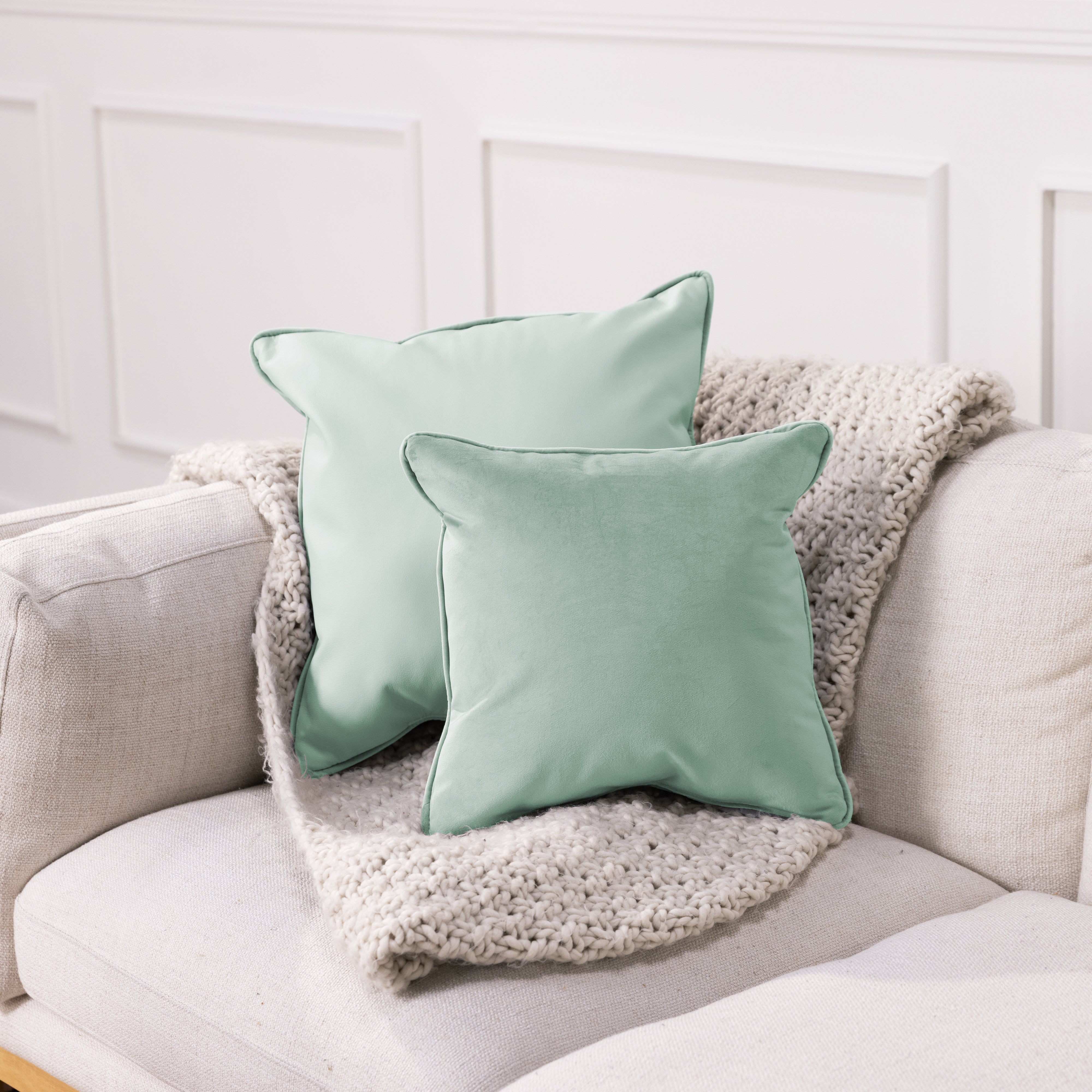 15" x 15" Square Microfiber and Faux Leather Pillow with Piping, 2-Piece - Aloe