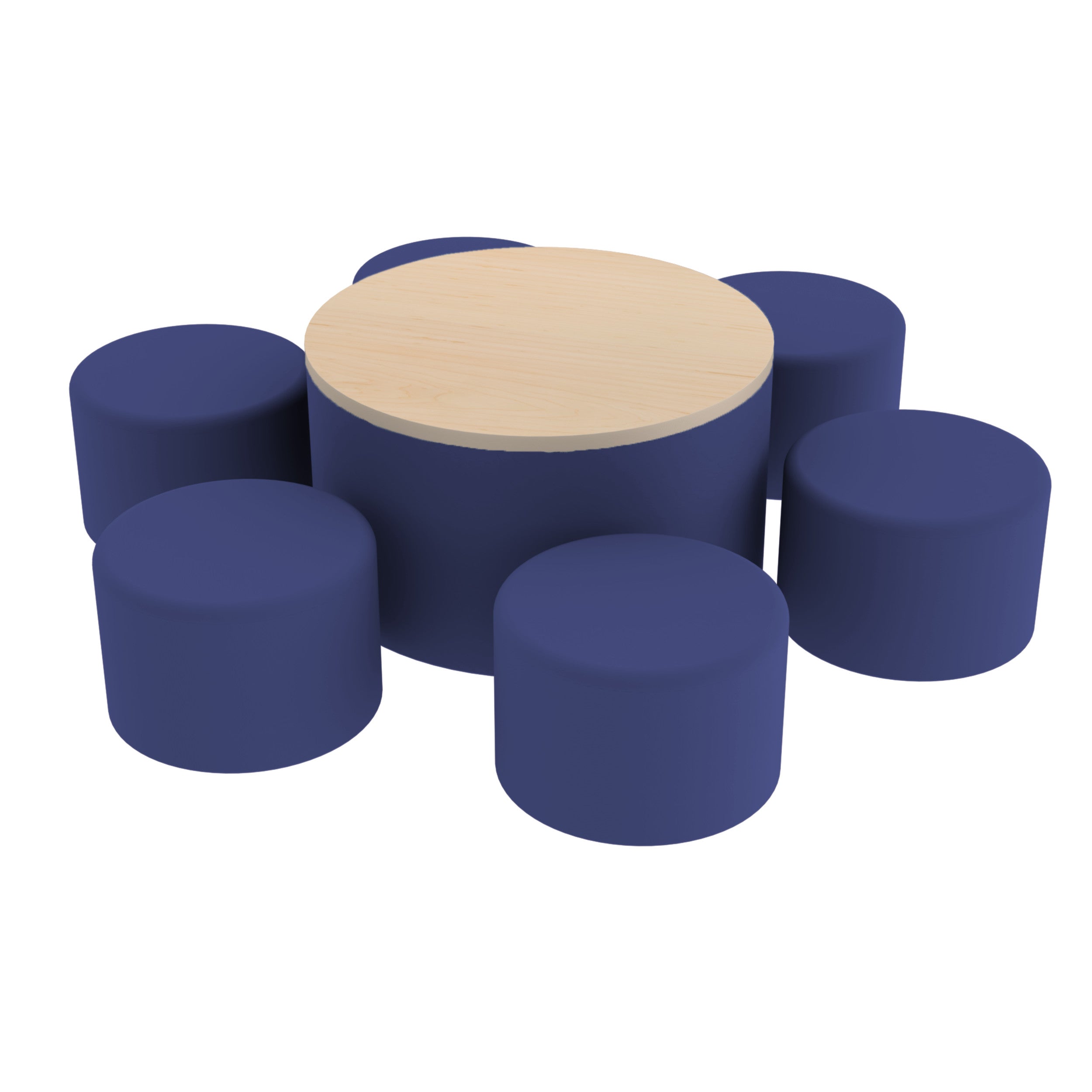 Pro Series 30" Round Ottoman Table with Round 12" H Seating, 7-Piece Set - Navy/Maple