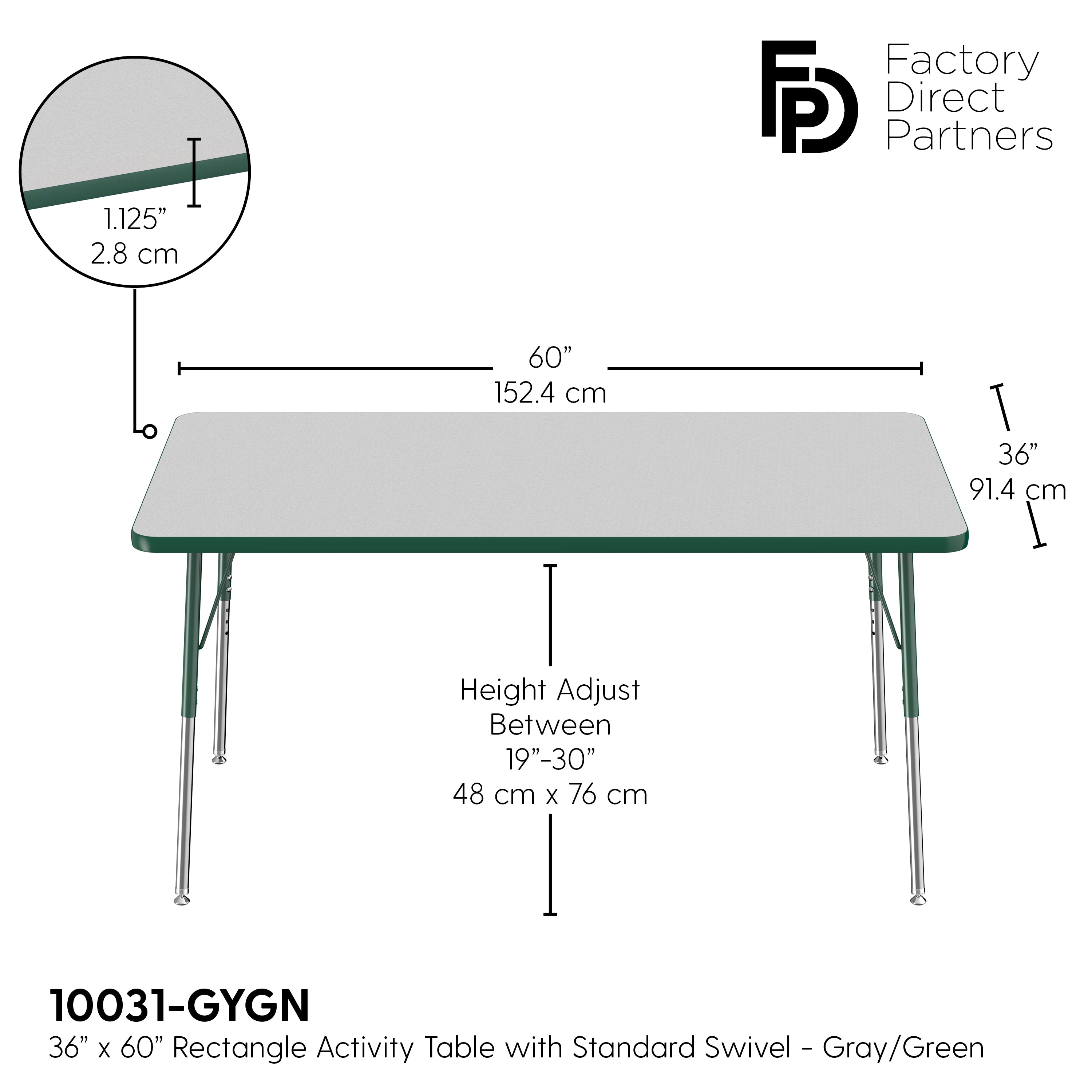 36" x 60" Rectangle T-Molding Activity Table with Adjustable Standard Swivel Glide Legs - Gray/Green