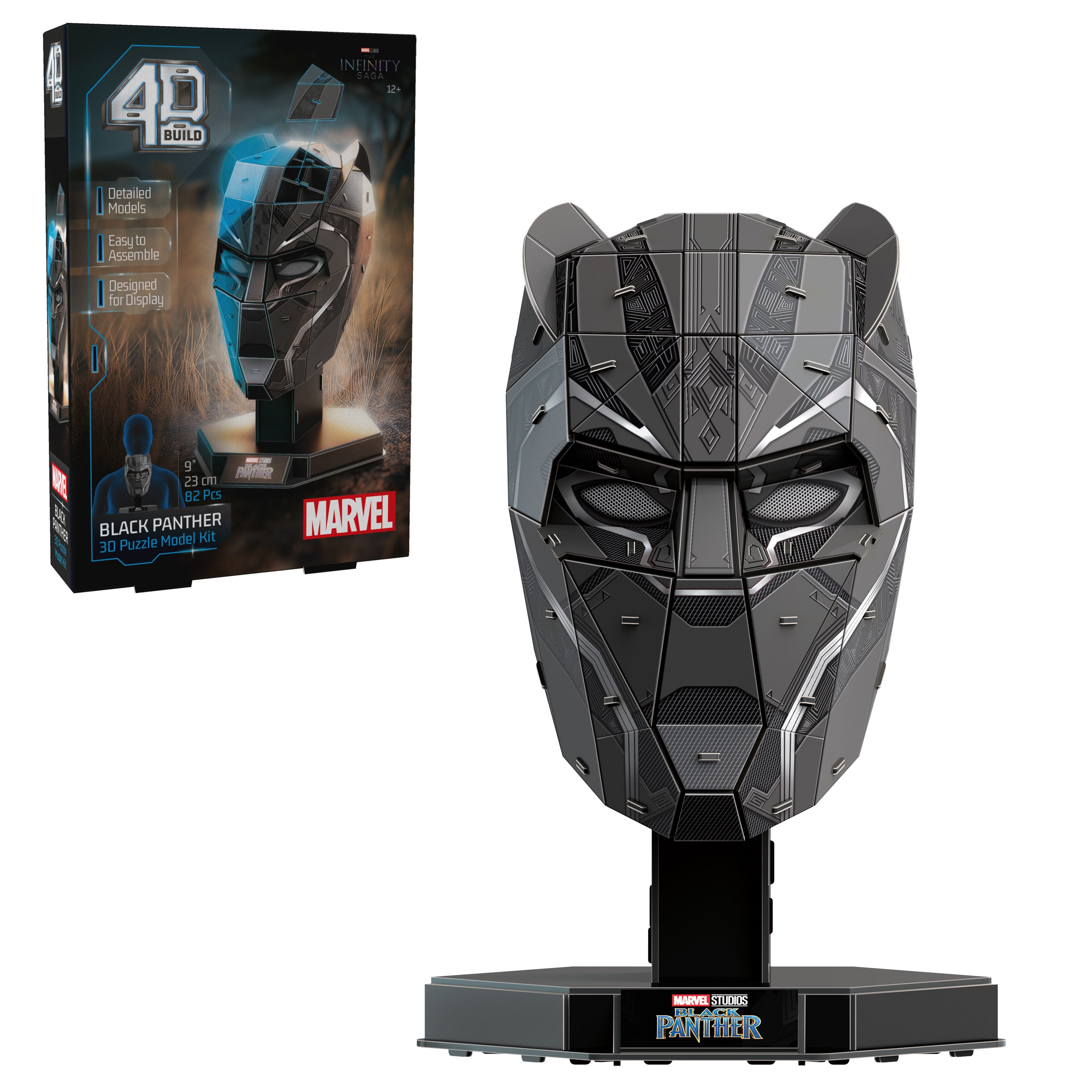 4D Build, Marvel Black Panther 3D Puzzle Model Kit with Stand, Marvel Collectibles & Desk Decor, Adult Puzzle, Building Toys, 82 Pieces, 3D Puzzles for Ages 12 & Up