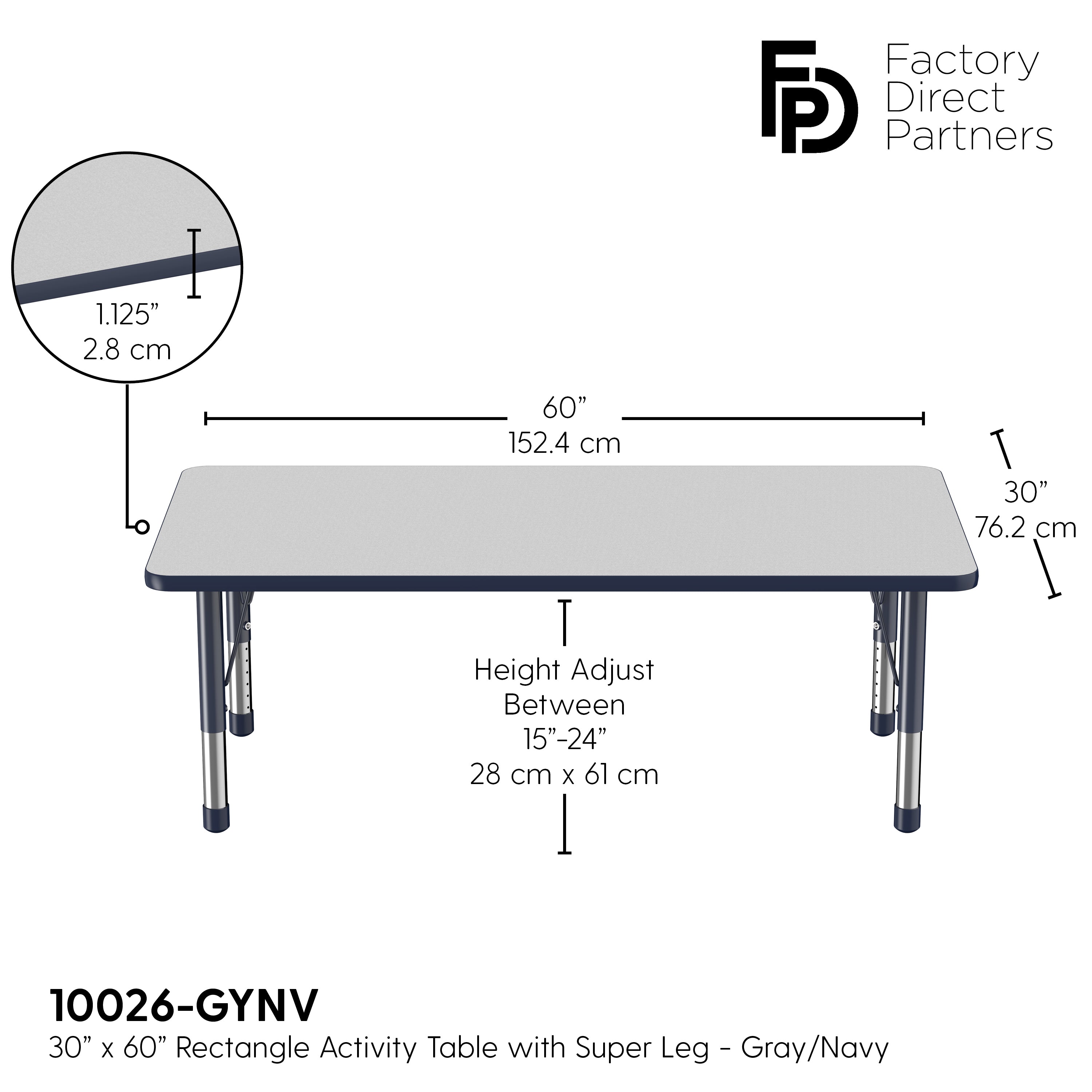 30" x 60" Rectangle T-Molding Activity Table with Adjustable Chunky Legs - Gray/Navy