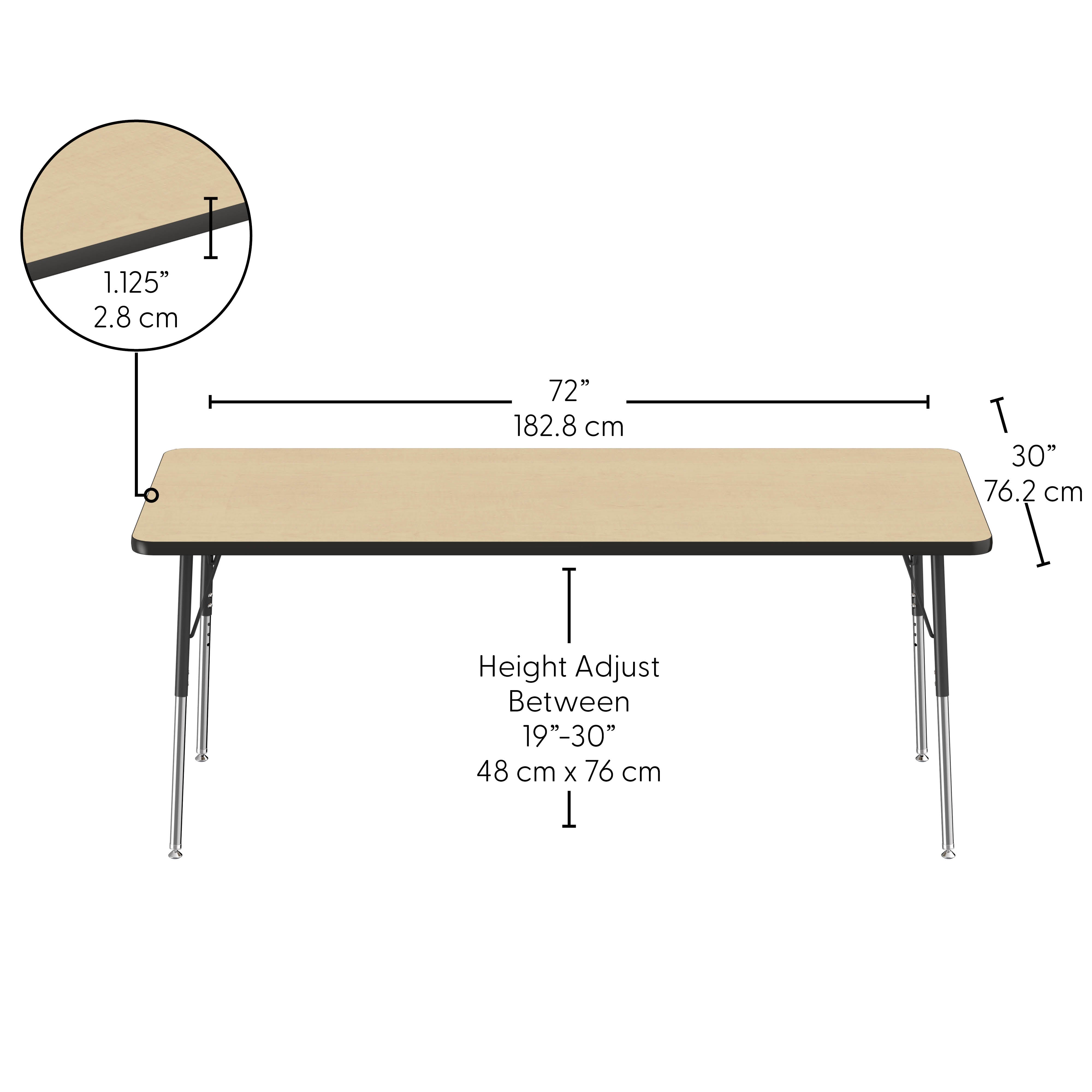 30" x 72" Rectangle Thermofused Activity Table with Adjustable Standard Swivel Glide Legs - Maple/Black
