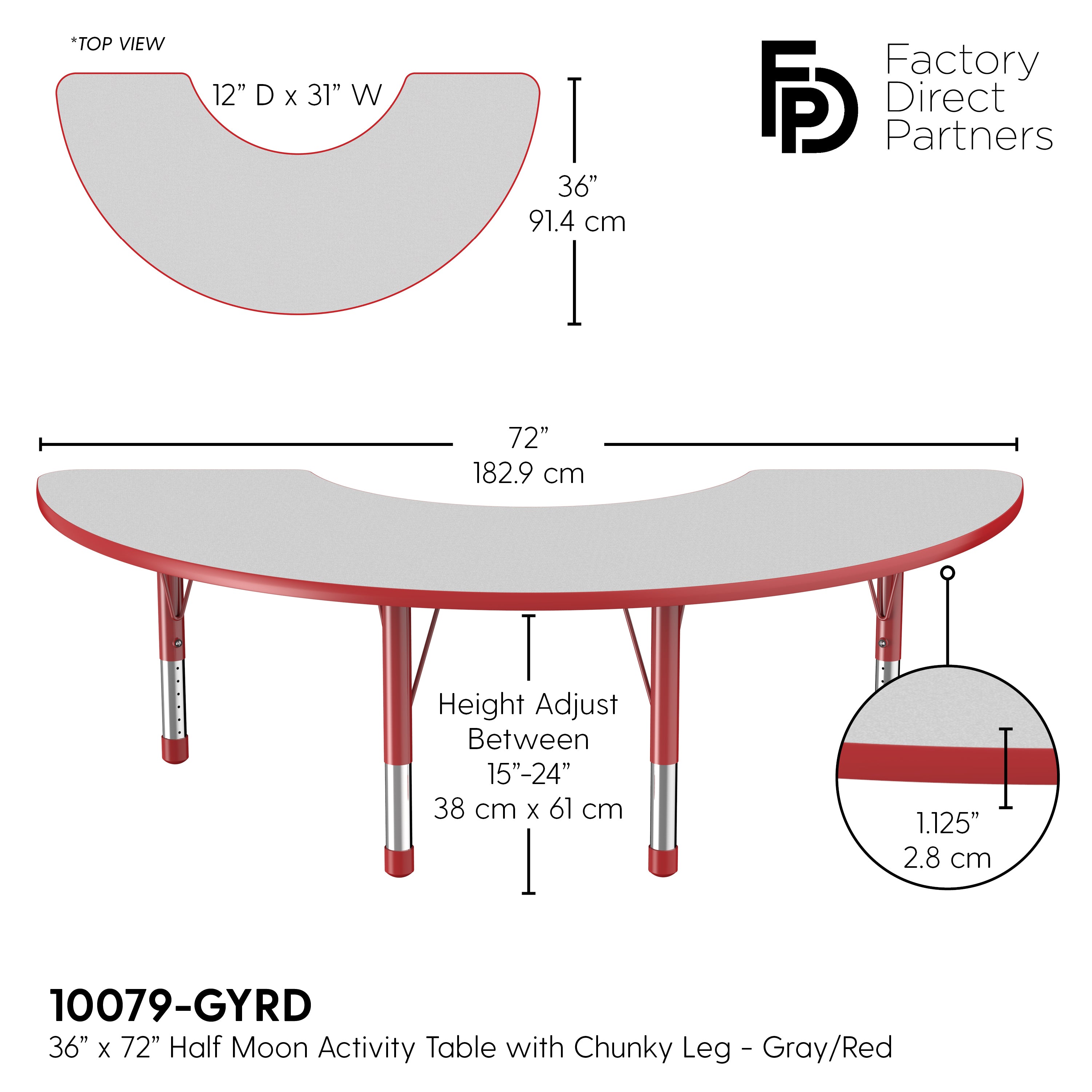 36" x 72" Half Moon T-Molding Activity Table with Adjustable Chunky Legs - Gray/Red