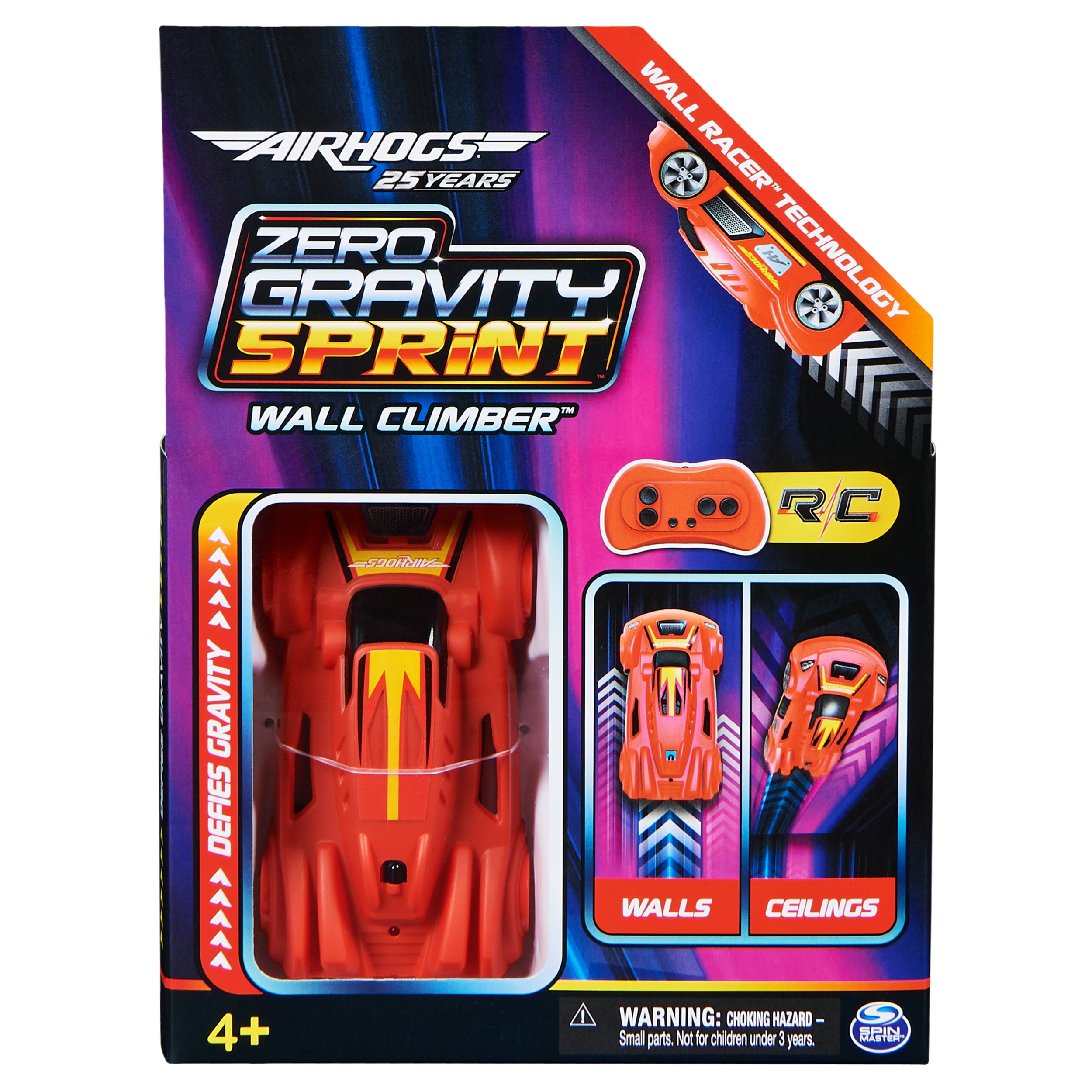 Air Hogs, Zero Gravity Sprint RC Car Wall Climber, Red USB-C Rechargeable Indoor Wall Racer, Over 4-Inches, Kids Toys for Kids Ages 4 and up