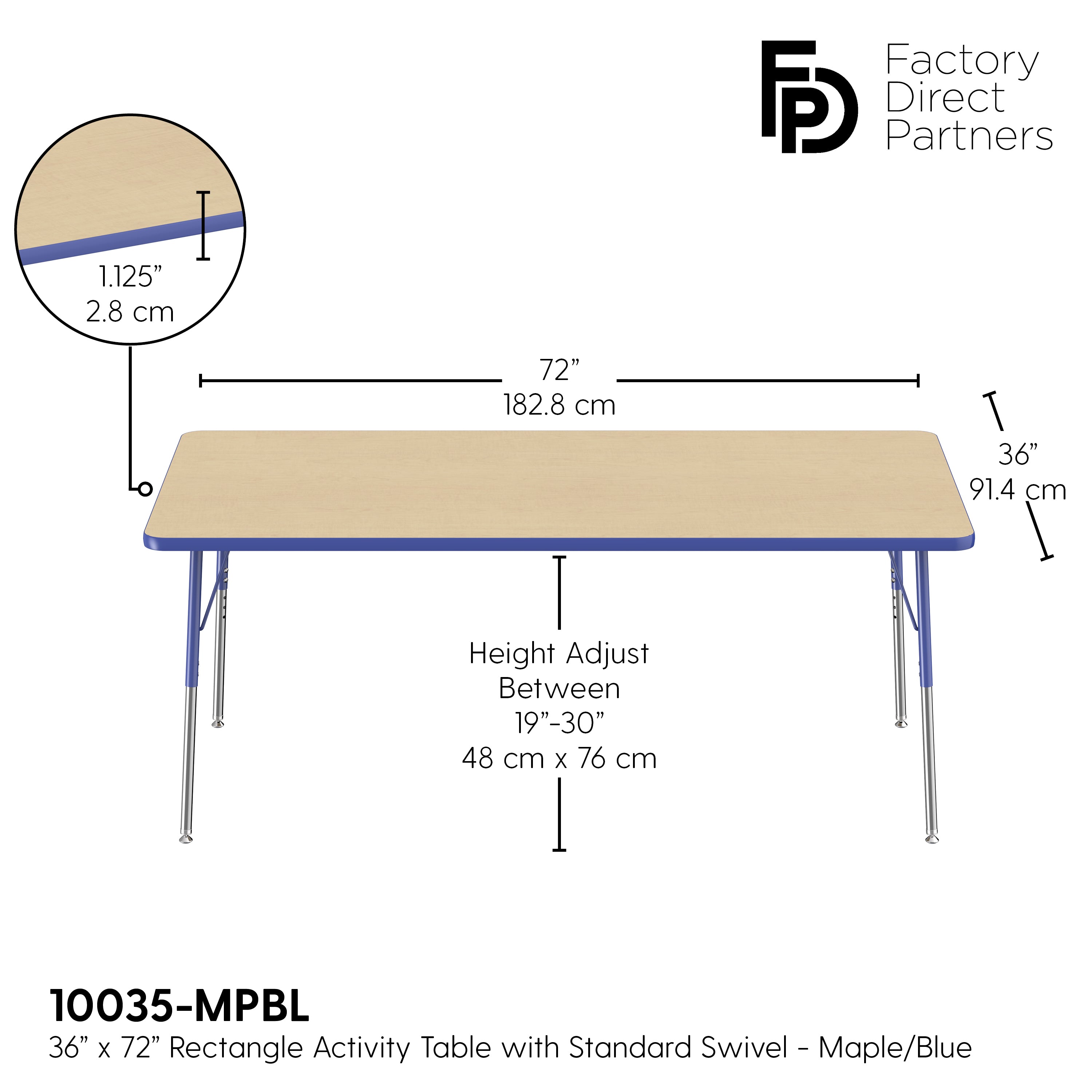 36" x 72" Rectangle T-Molding Activity Table with Adjustable Standard Swivel Glide Legs - Maple/Blue