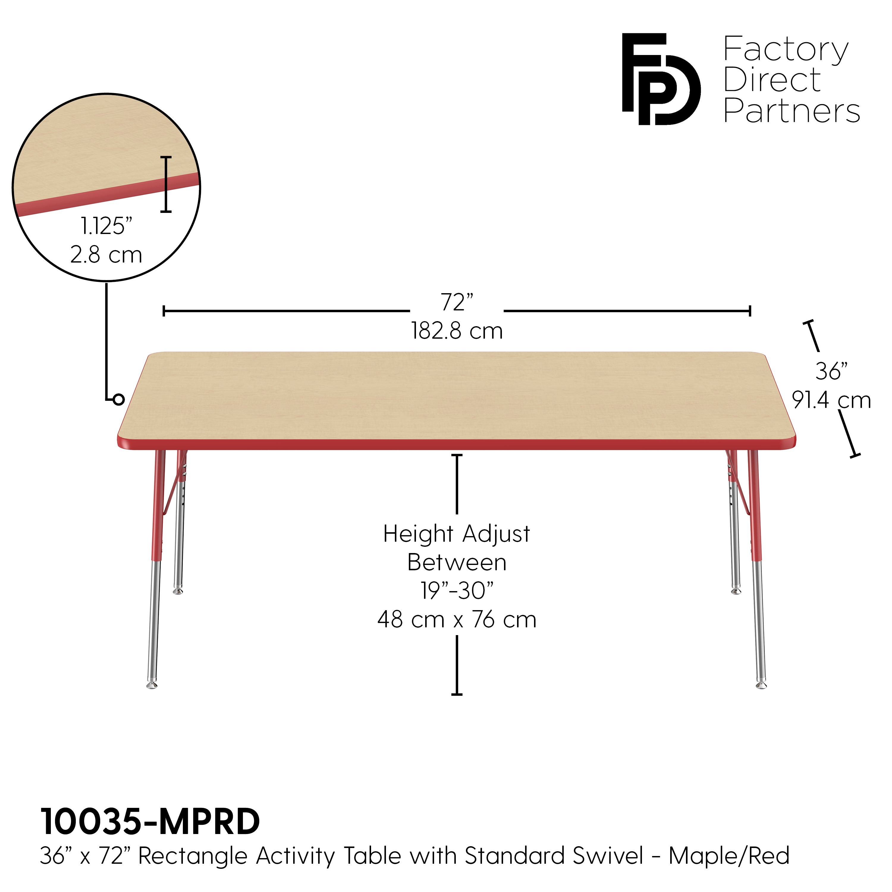 36" x 72" Rectangle T-Molding Activity Table with Adjustable Standard Swivel Glide Legs - Maple/Red