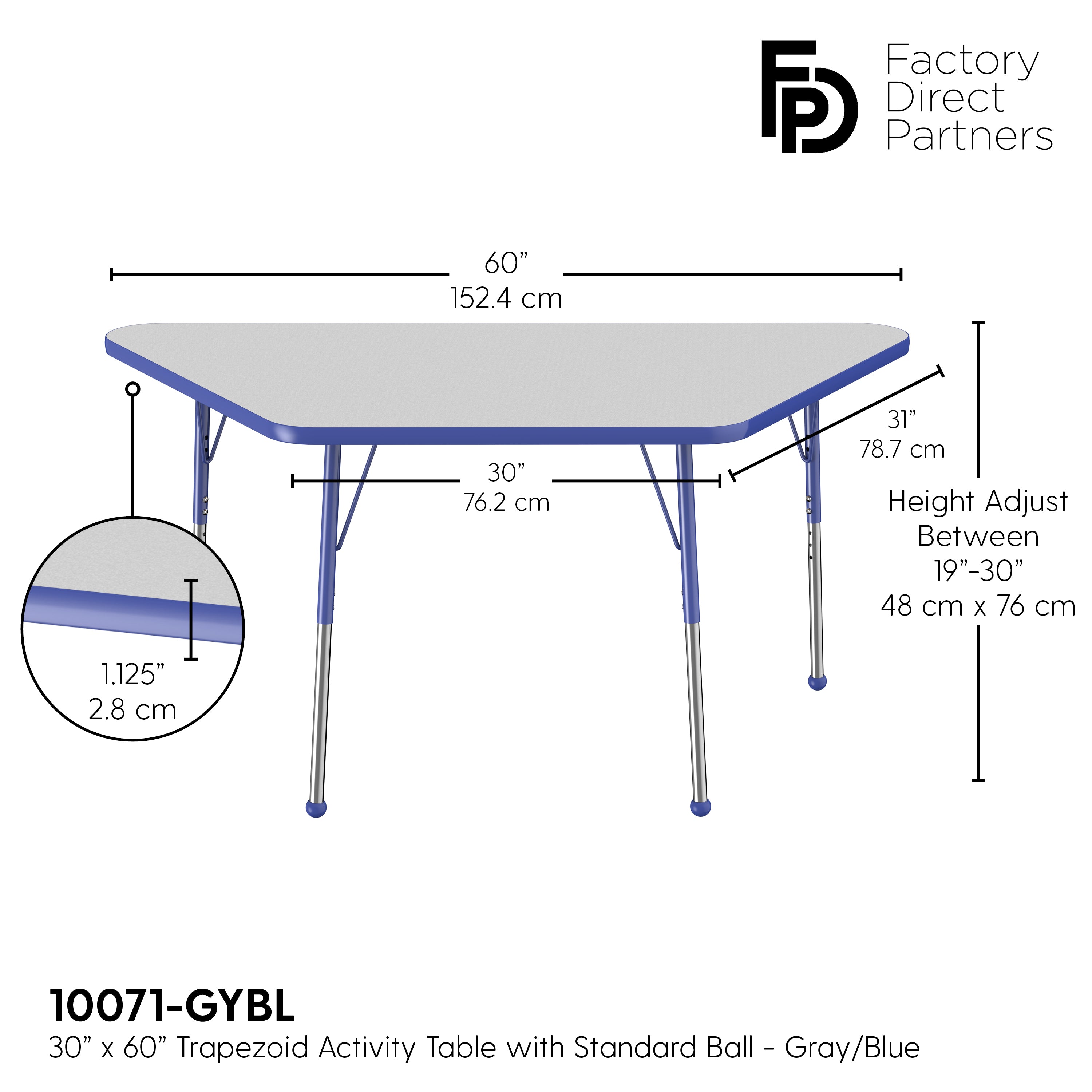 30" x 60" Trapezoid T-Molding Activity Table with Adjustable Standard Ball Glide Legs - Gray/Blue
