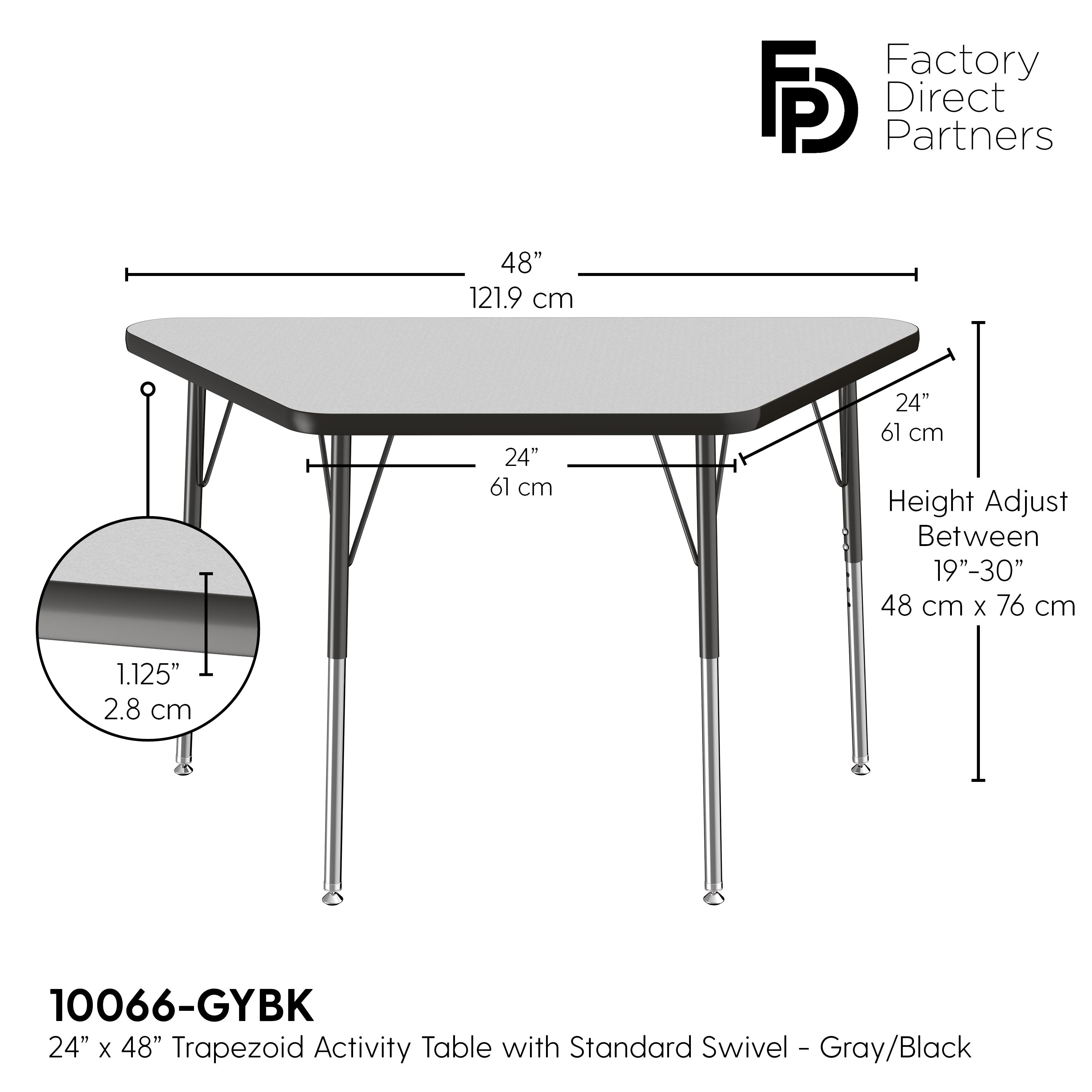 24" x 48" Trapezoid T-Molding Activity Table with Adjustable Standard Swivel Glide Legs - Gray/Black