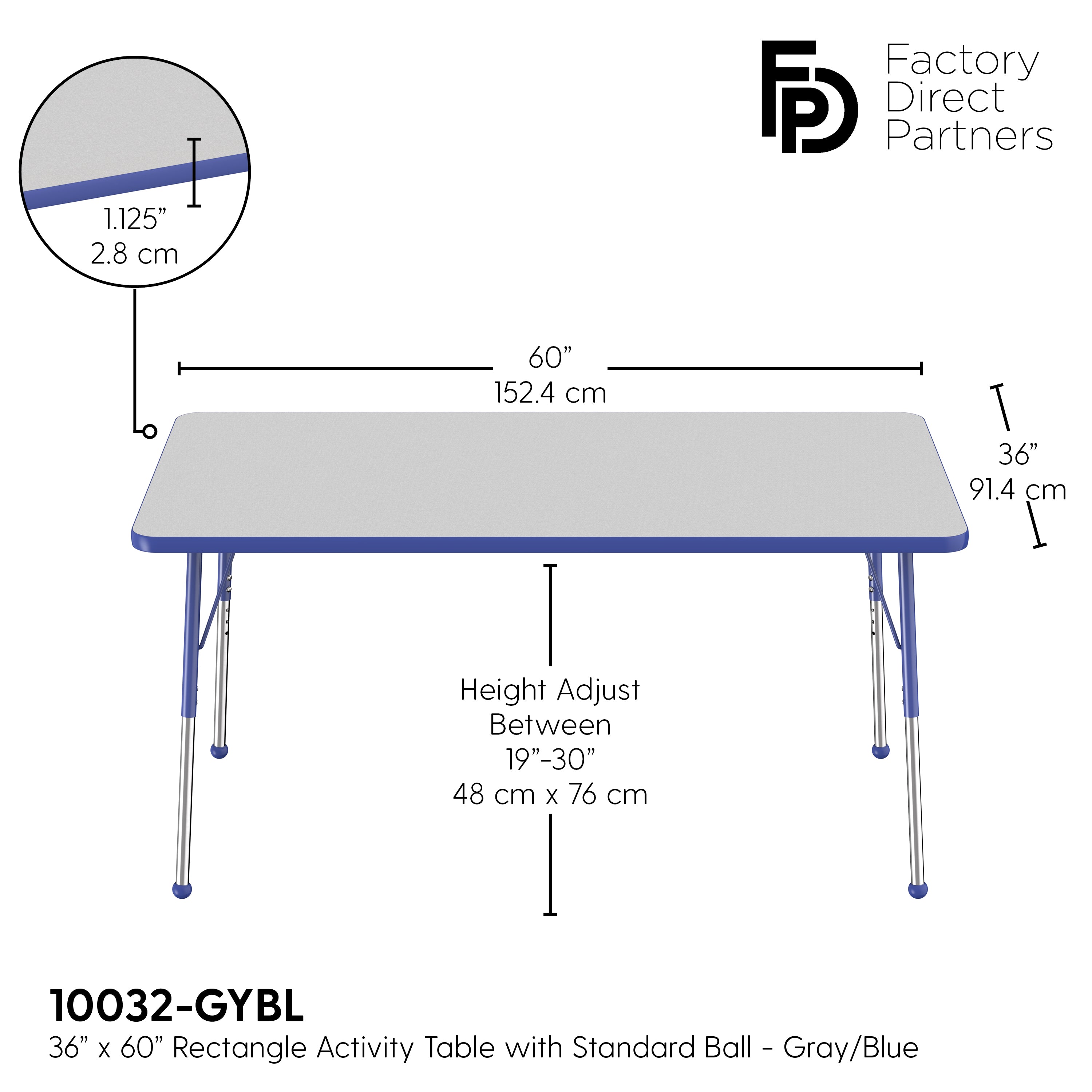 36" x 60" Rectangle T-Molding Activity Table with Adjustable Standard Ball Glide Legs - Gray/Blue