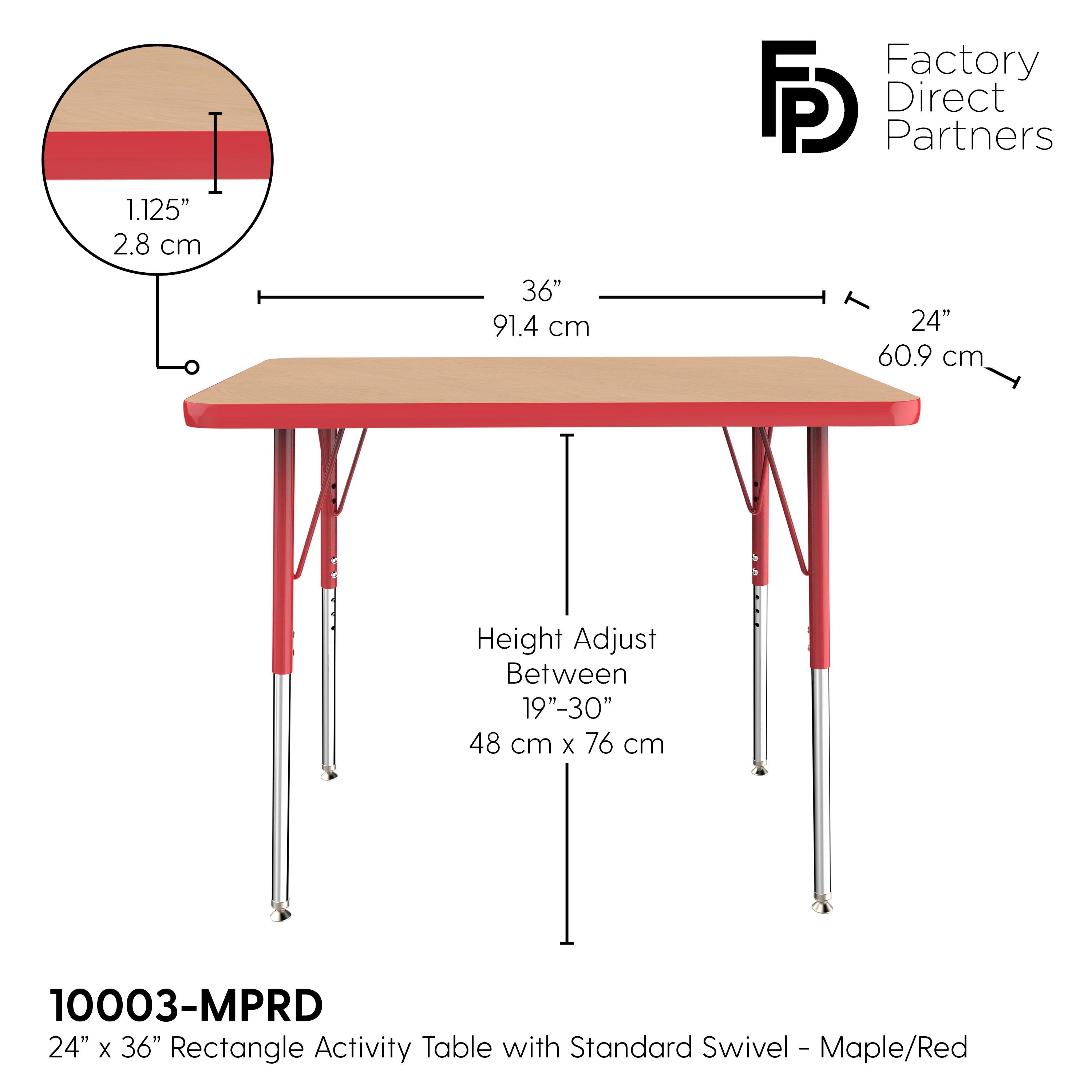 24" x 36" Rectangle T-Molding Activity Table with Adjustable Standard Swivel Glide Legs - Maple/Red