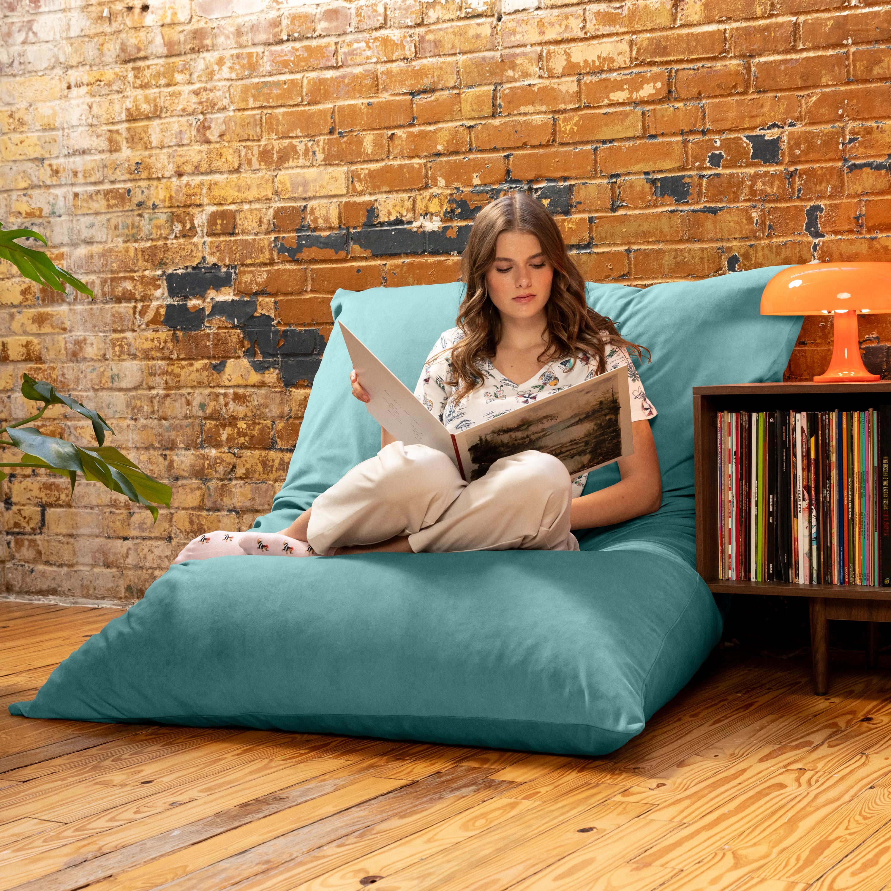 Pillow Saxx Dream Lounger with Wood Frame - 3-in-1 Bean Bag Accent Chair, Recliner & Sleeper, Lush Velvet Turquoise