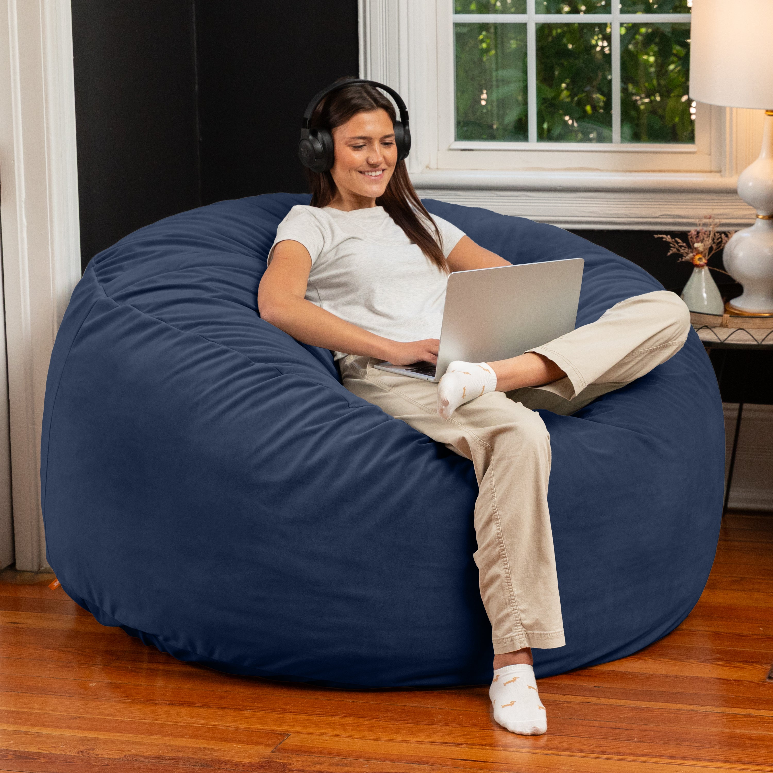 Jaxx 5 Foot Saxx - Large Round Bean Bag Chair for Adults - Lush Velvet Navy Blue