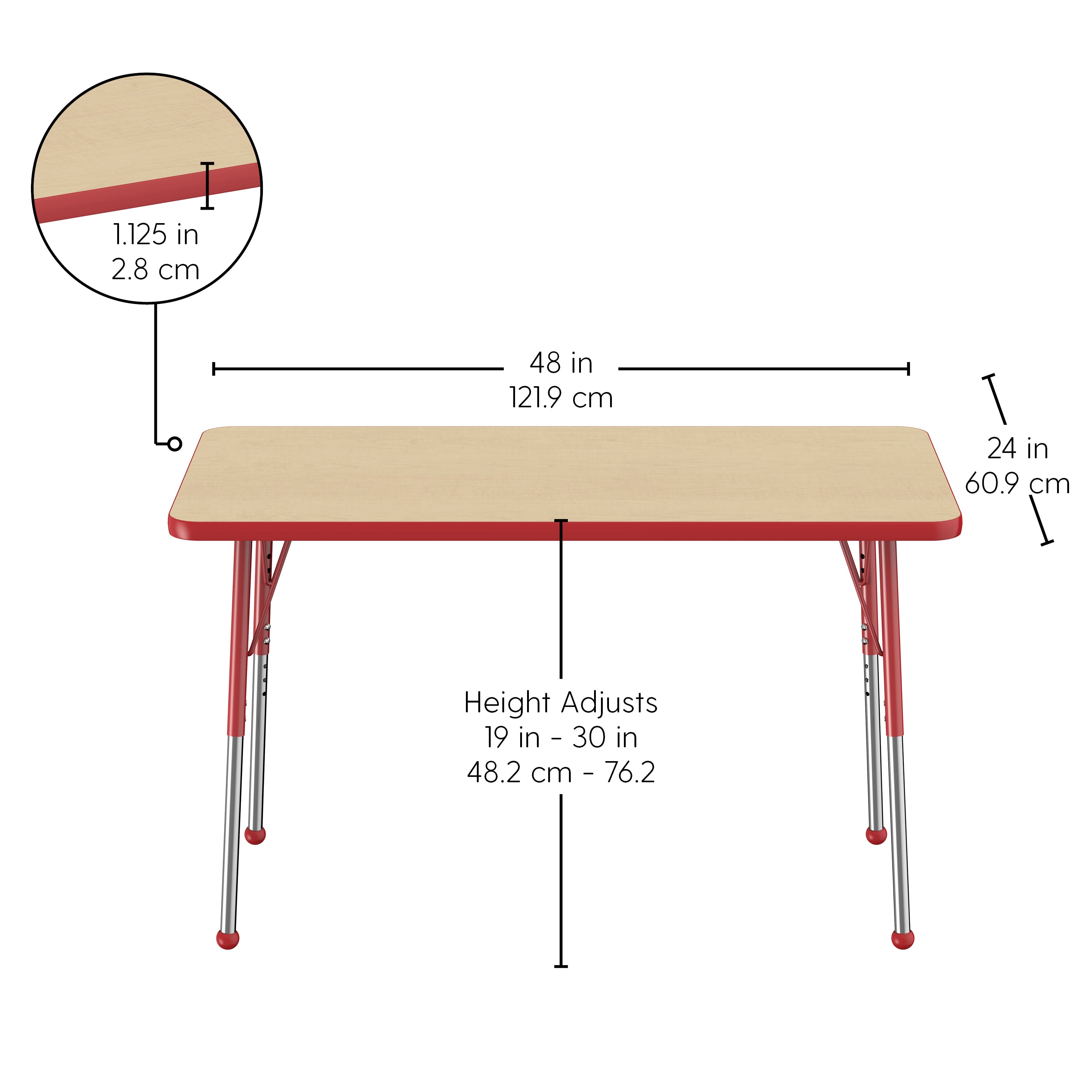 24" x 48" Rectangle T-Molding Activity Table with Adjustable Standard Ball Glide Legs - Maple/Red