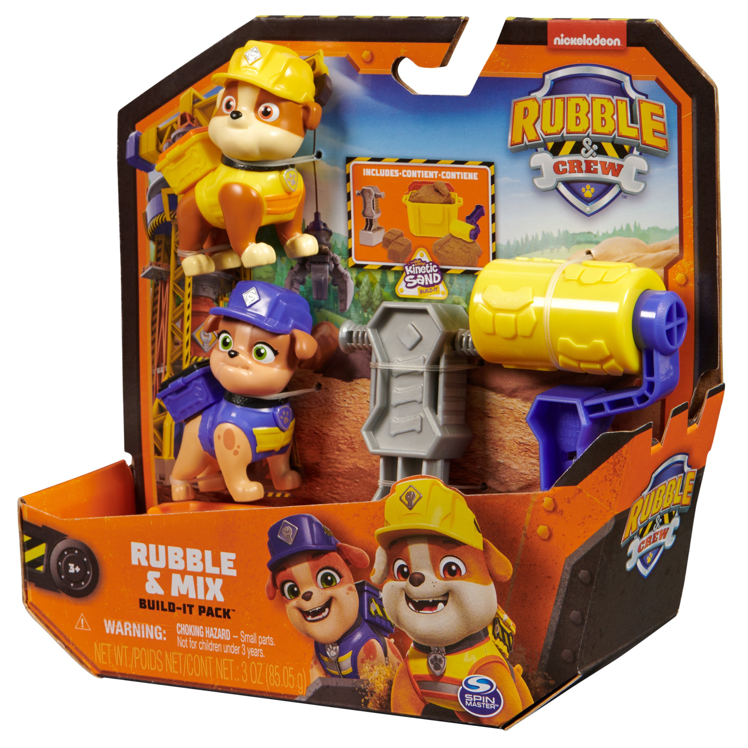 Rubble & Crew, Rubble and Mix Action Figures Set, with 3 oz of Kinetic Build-It Sand and 2 Hand Held Building Toys, Kids Toys for ages 3 and up