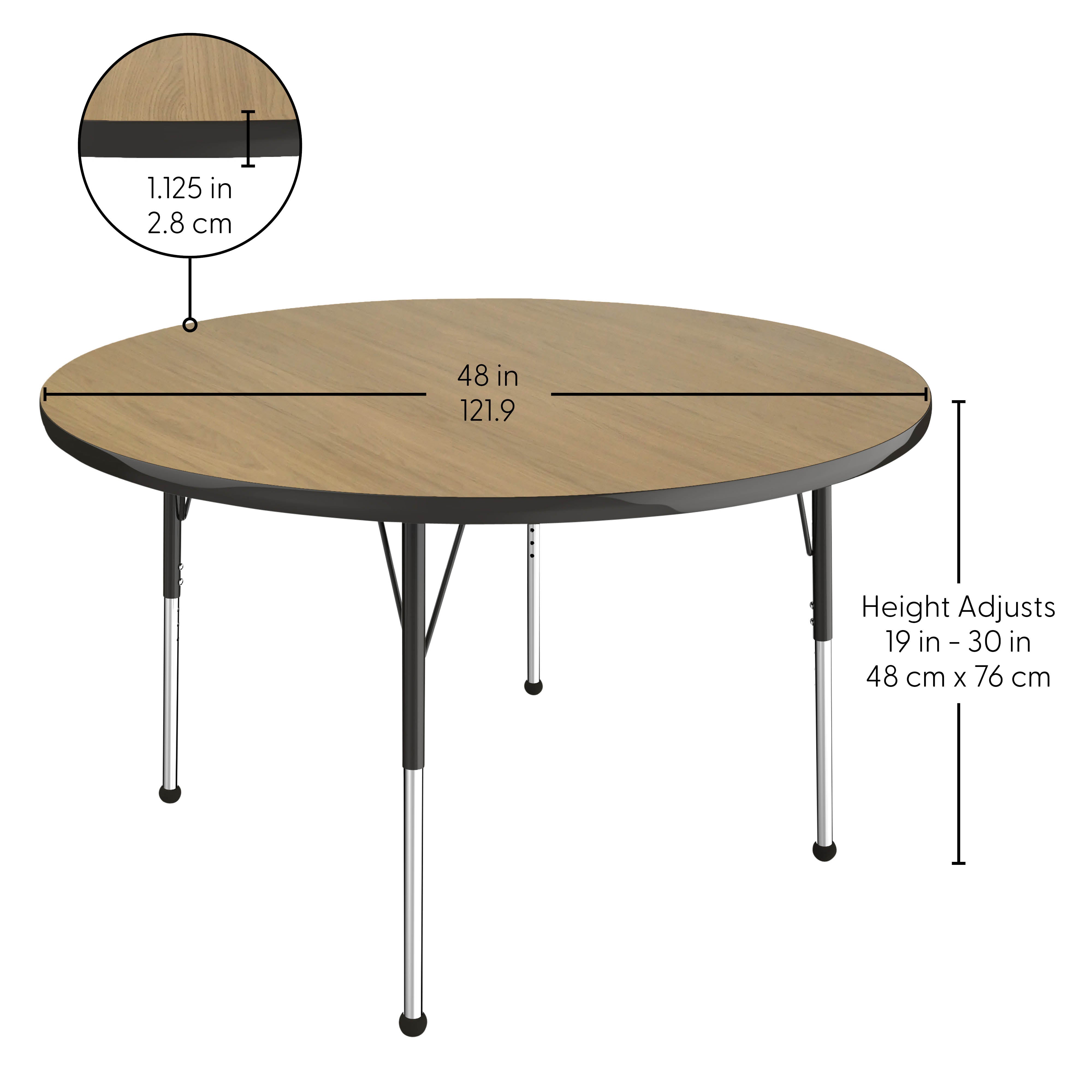 48" Round Thermofused Activity Table with Adjustable Standard Ball Glide Legs - Pasadena Oak/Black