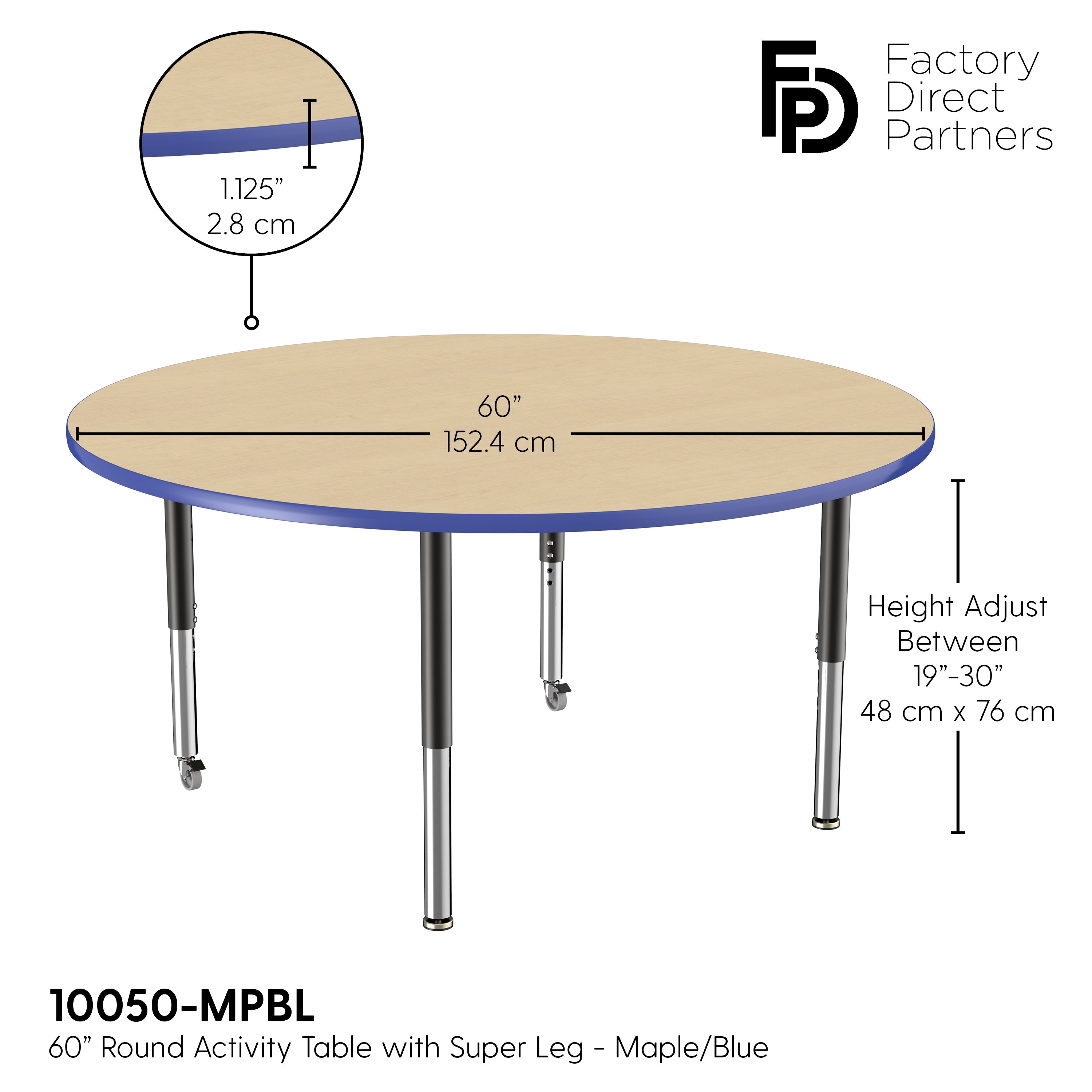 60" Round T-Molding Activity Table with Adjustable Super Legs - Maple/Blue/Black