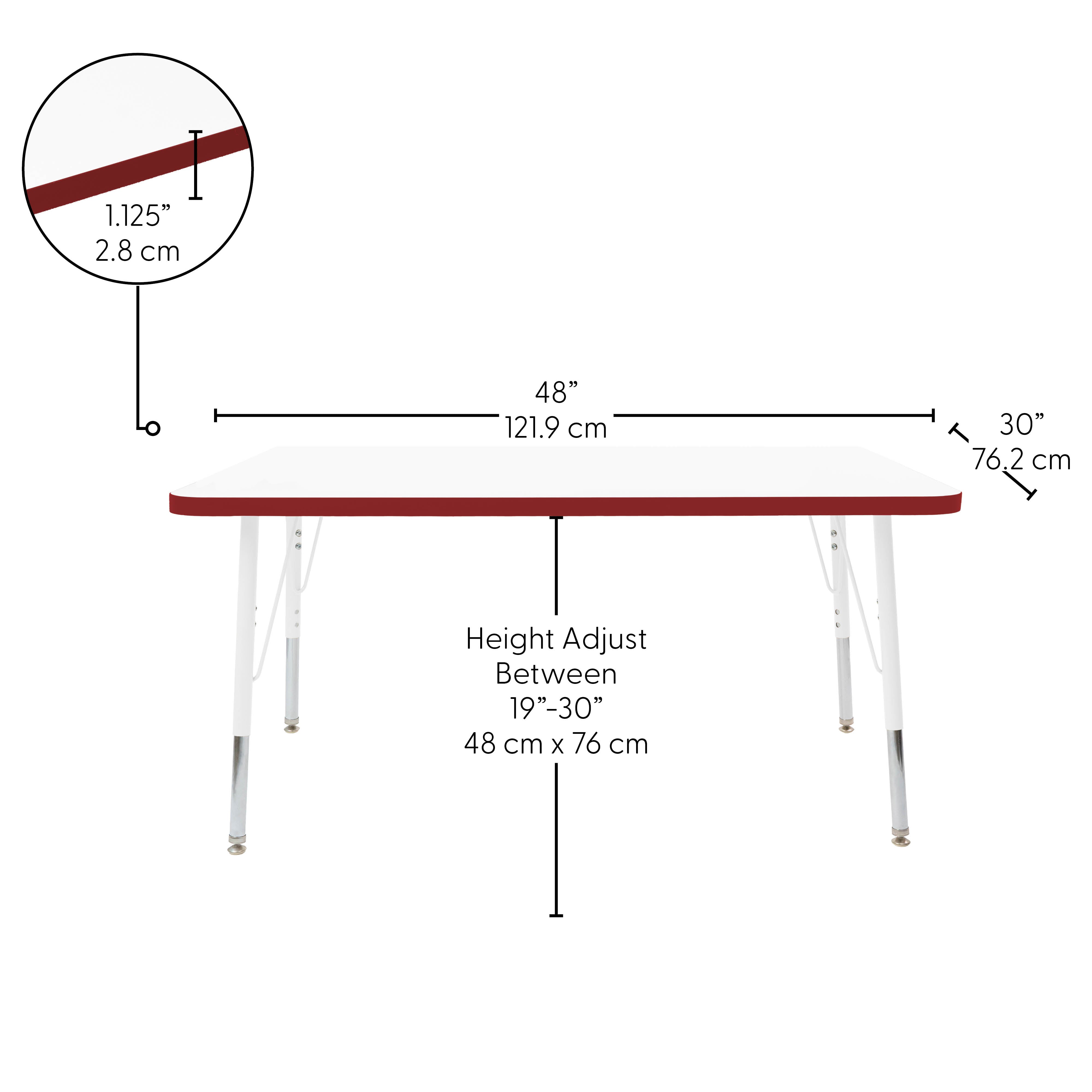 30" x 48" Rectangle Thermofused Activity Table with Adjustable Standard Swivel Glide Legs - White/Burgundy/White