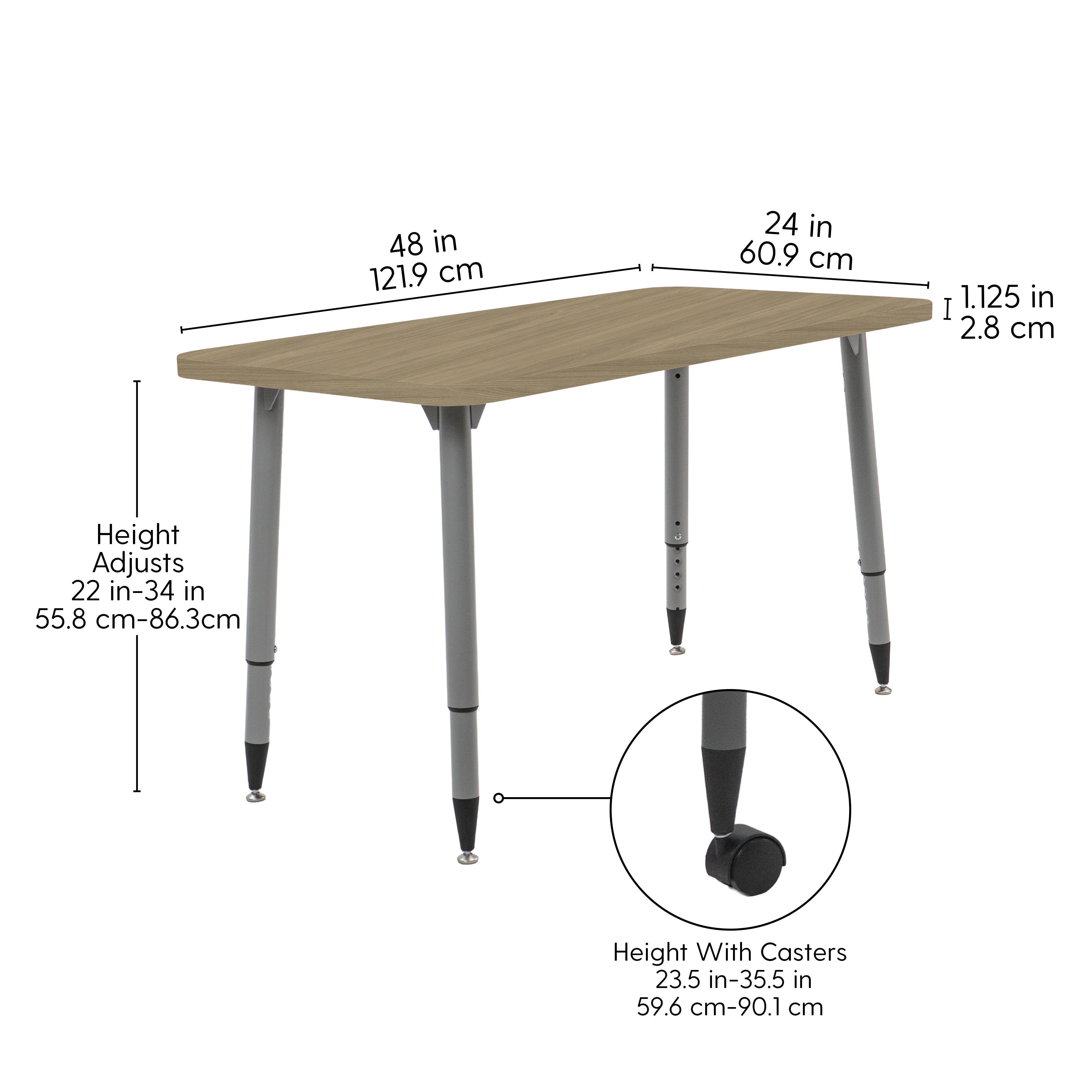 Adapte 24" x 48" Rectangle Woodgrain Activity Table with Adjustable Tapered Legs - Pasadena Oak/Silver