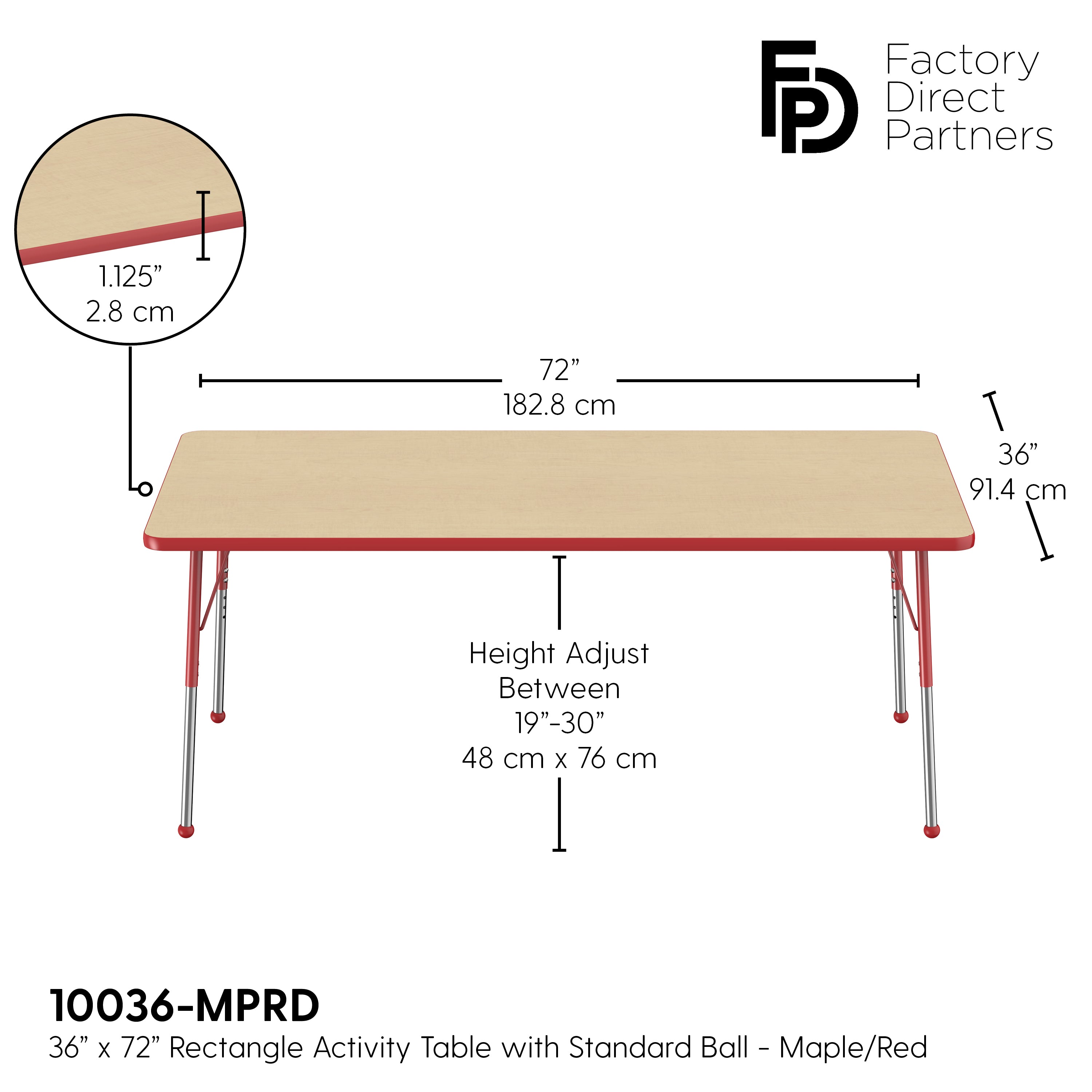 36" x 72" Rectangle T-Molding Activity Table with Adjustable Standard Ball Glide Legs - Maple/Red