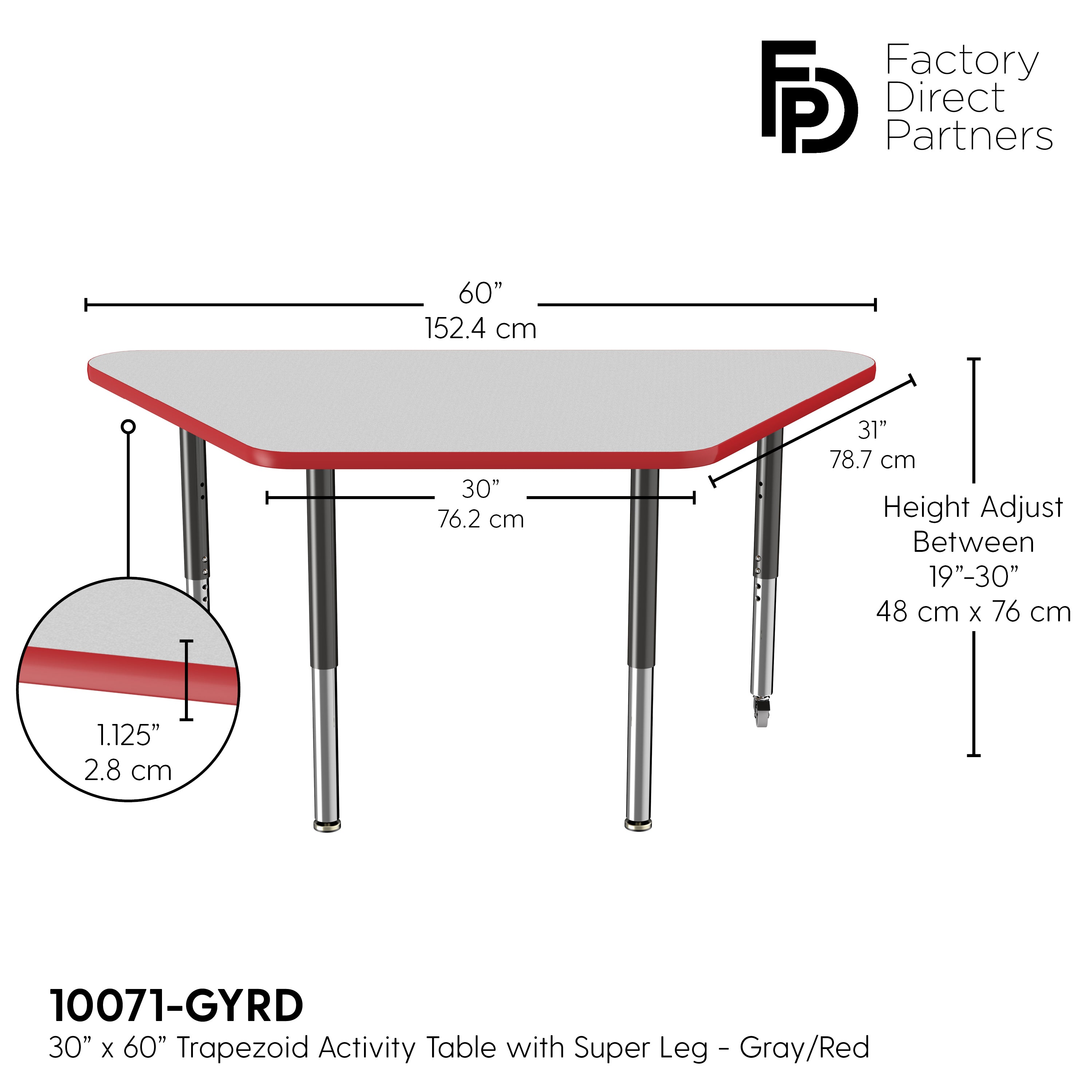 30" x 60" Trapezoid T-Molding Activity Table with Adjustable Super Legs - Gray/Red/Black