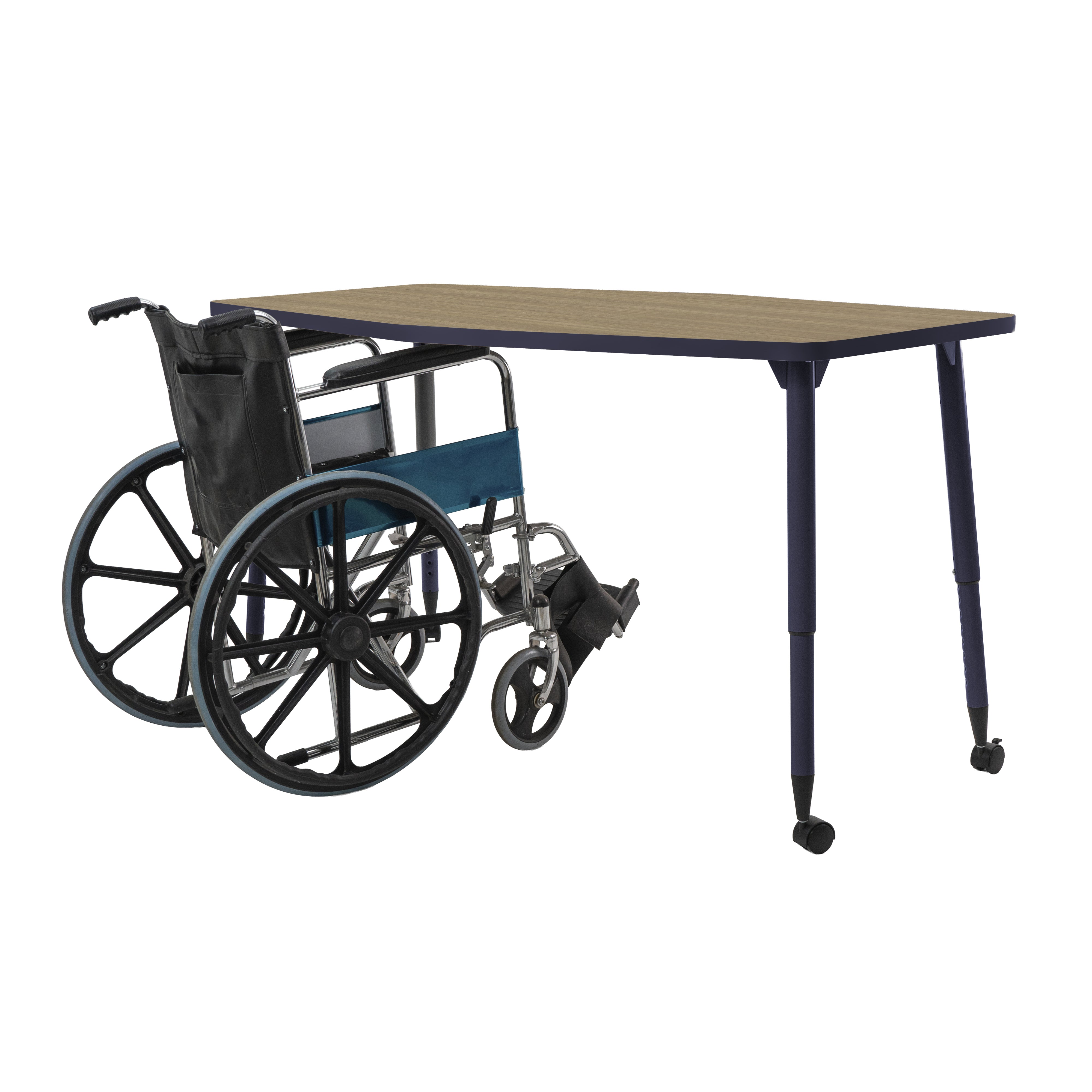 Adapte 34" x 60" Long Hexagon Thermofused Activity Table with Adjustable Tapered Legs - Pasadena Oak/Navy