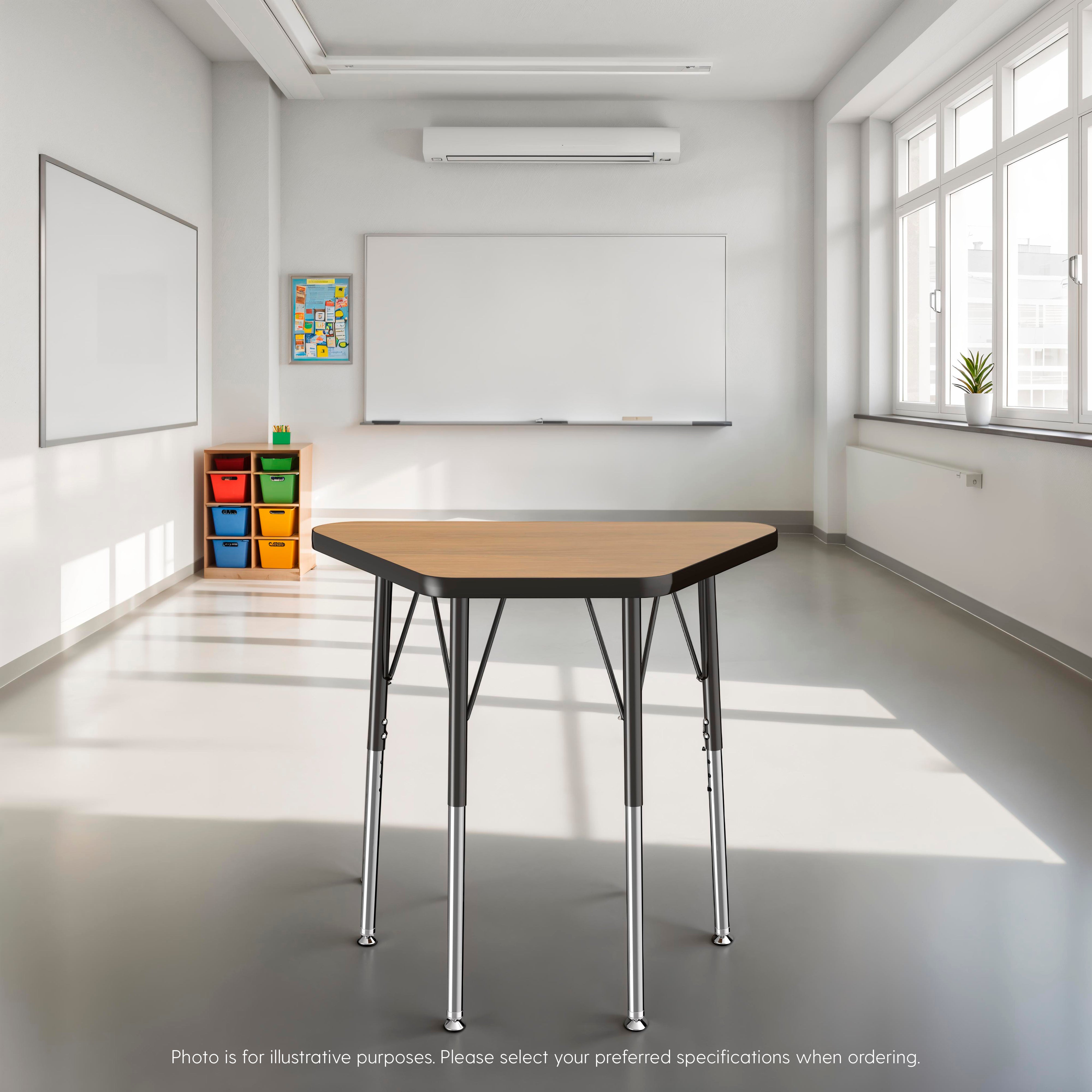 30" x 60" Trapezoid T-Molding Activity Table with Adjustable Standard Ball Glide Legs - Pasadena Oak/Black