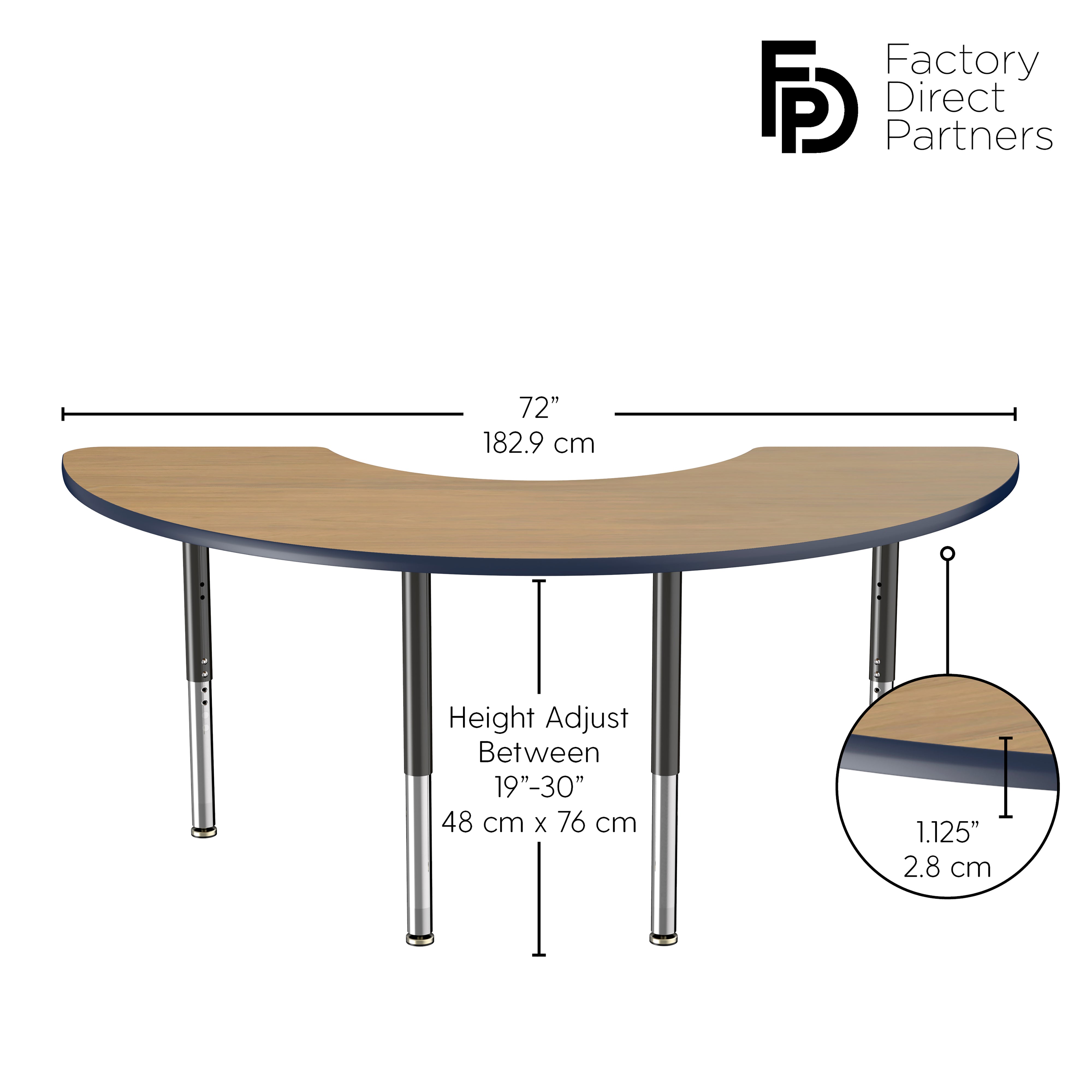 36" x 72" Half Moon T-Molding Activity Table with Adjustable Super Legs - Pasadena Oak/Navy/Black