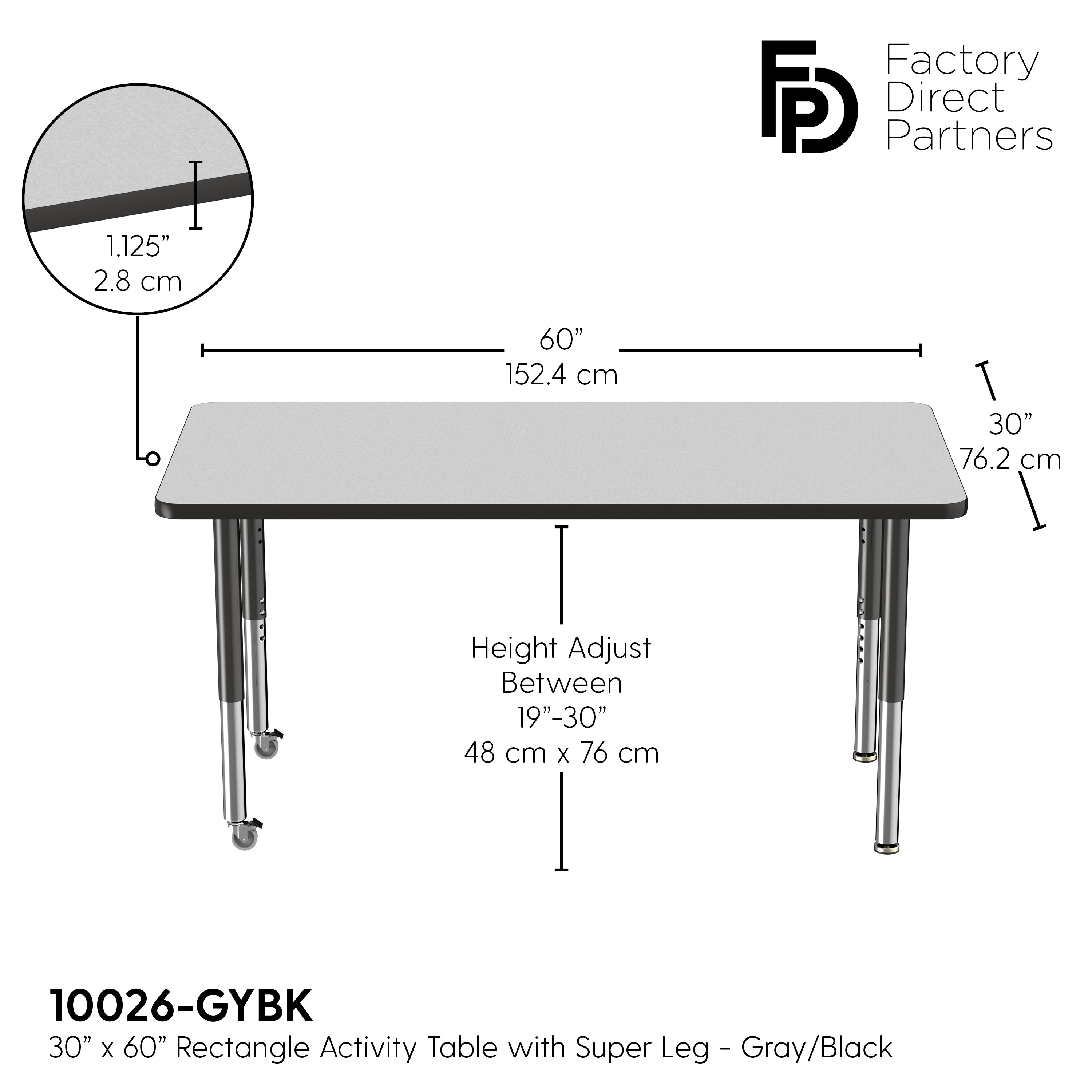 30" x 60" Rectangle T-Molding Activity Table with Adjustable Super Legs - Gray/Black