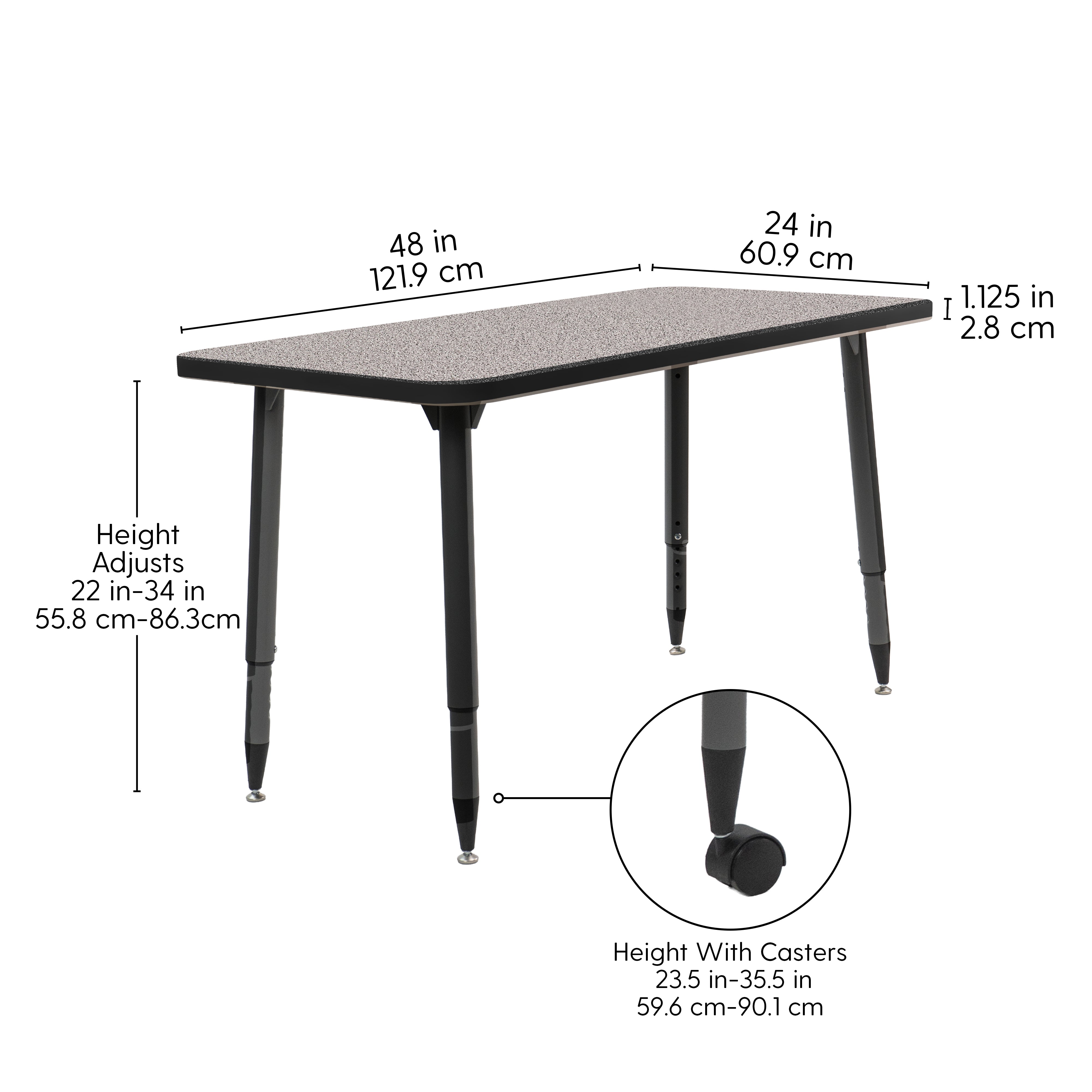 Adapte 24" x 48" Rectangle Thermofused Activity Table with Adjustable Tapered Legs - Gray/Black