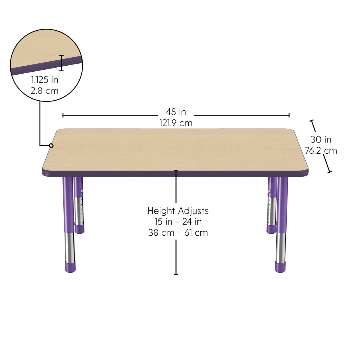 30" x 48" Rectangle T-Molding Activity Table with Adjustable Chunky Legs - Maple/Purple