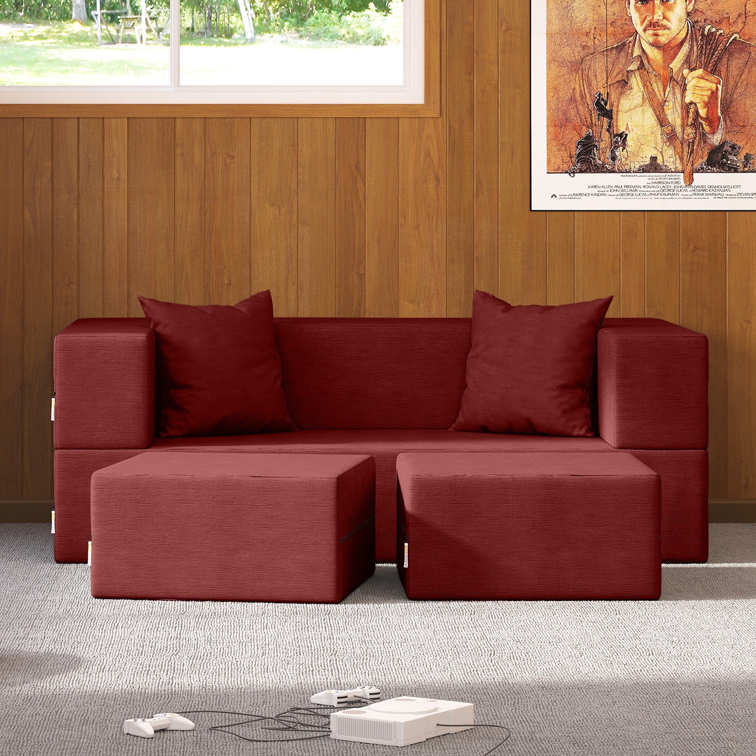 Jaxx Zipline Convertible Sleeper Loveseat & Ottomans, Textured Microvelvet - Berry Red