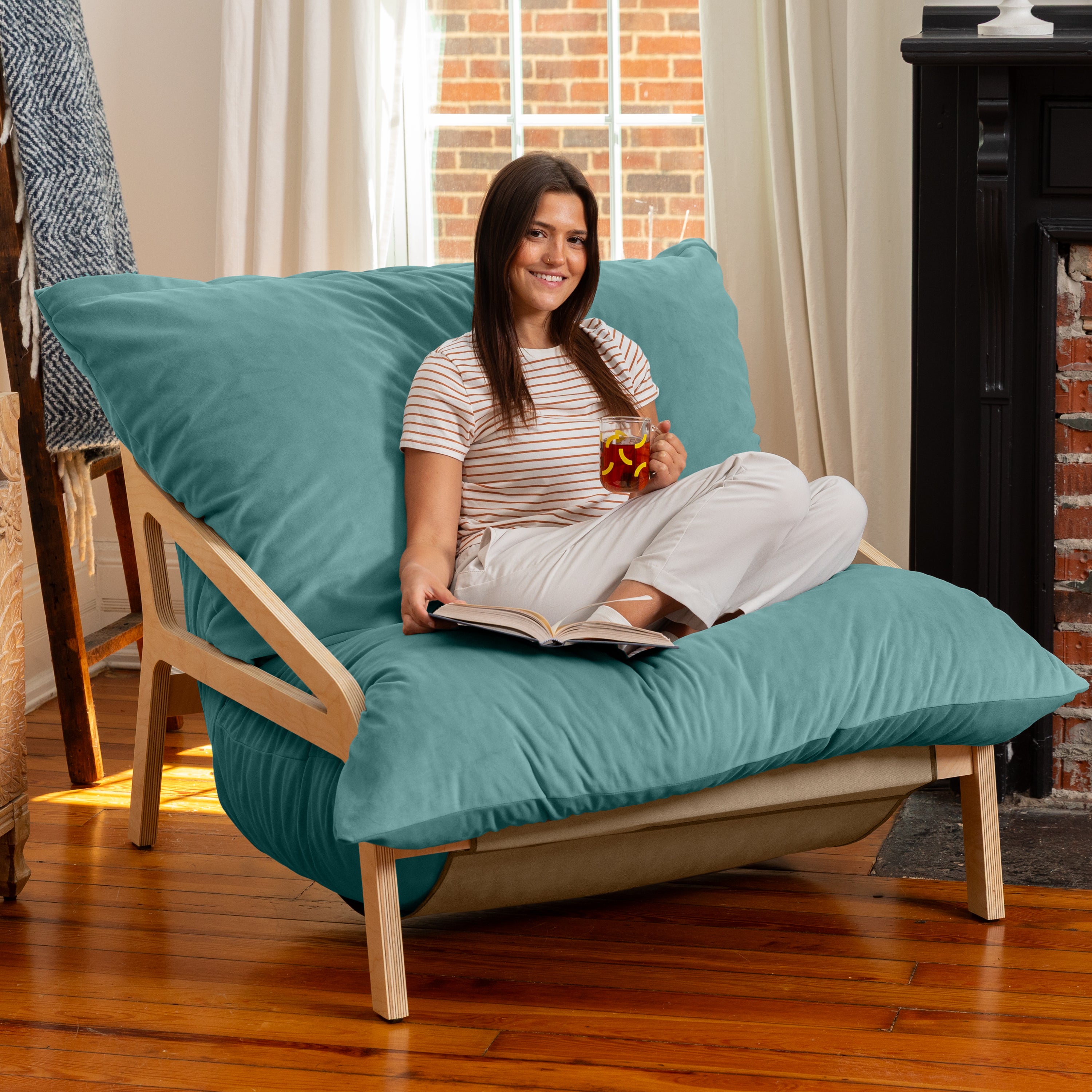 Pillow Saxx Dream Lounger with Wood Frame - 3-in-1 Bean Bag Accent Chair, Recliner & Sleeper, Lush Velvet Turquoise