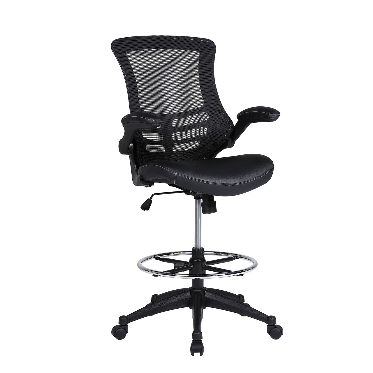 OfficeSource Serene 2.0 Bonded Leather Flip Arm Stool - Black
