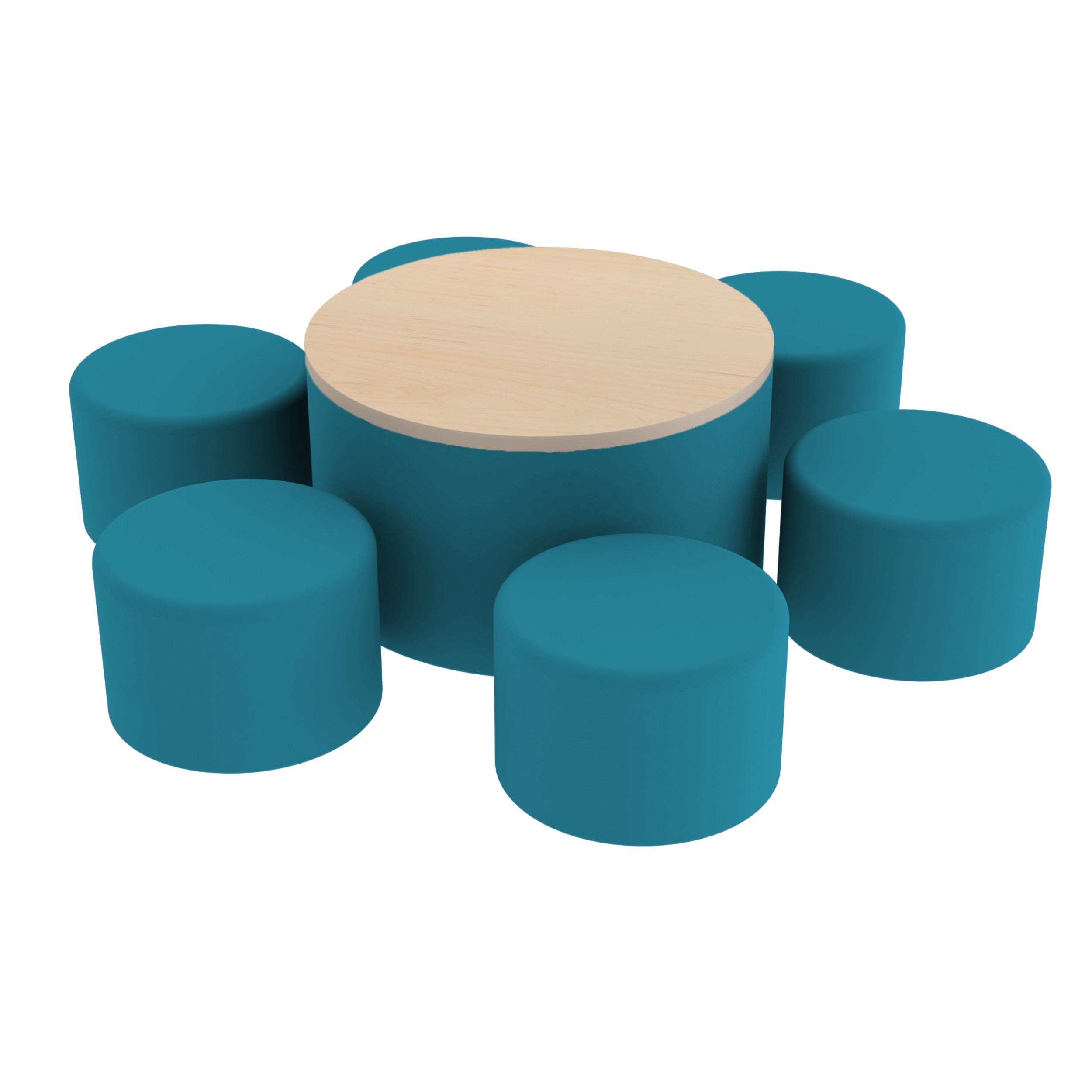 Pro Series 30" Round Ottoman Table with Round 12" H Seating, 7-Piece Set - Teal/Maple