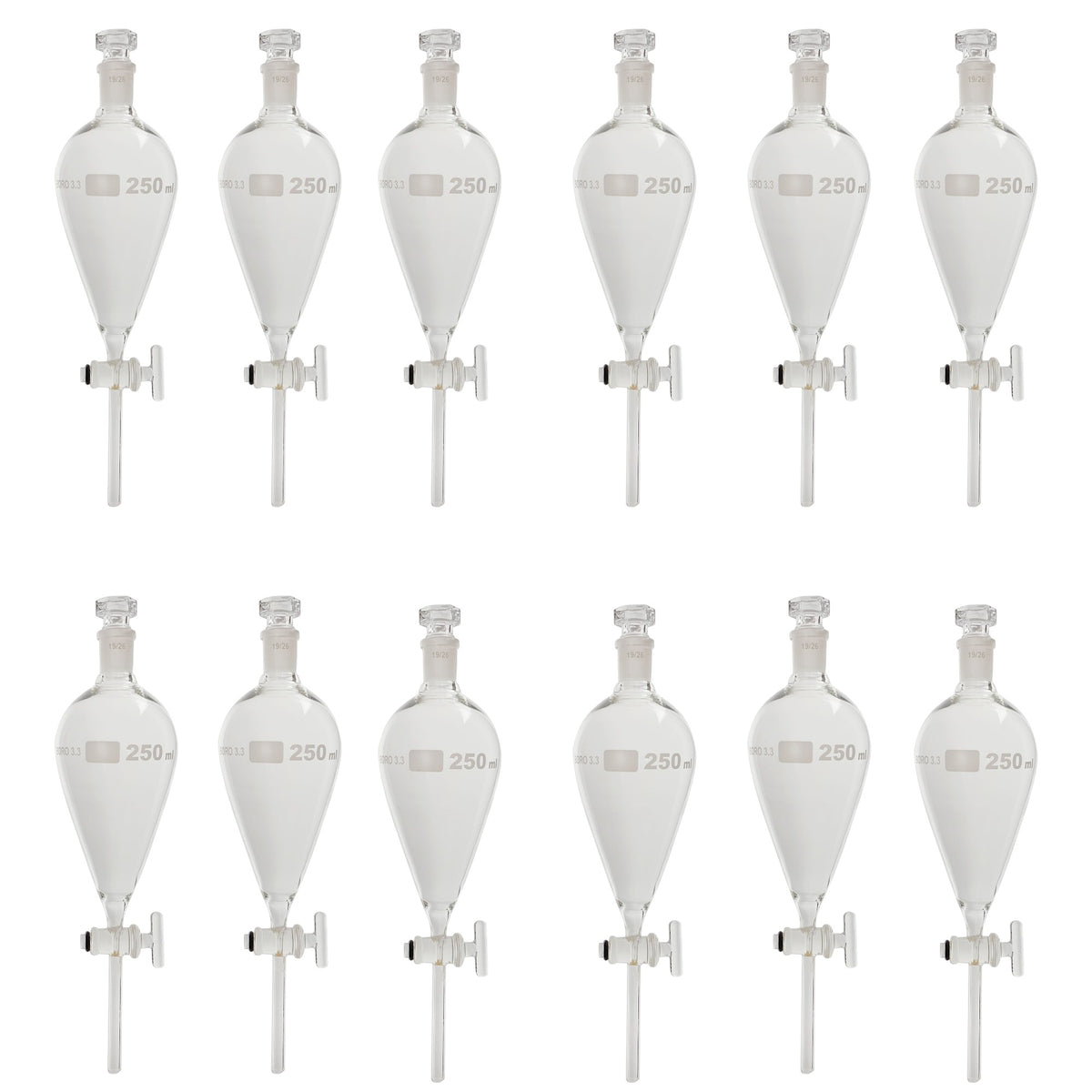Funnel, Separatory, Borosilicate Glass, Glass Stopcock, 250ml, Case of 12